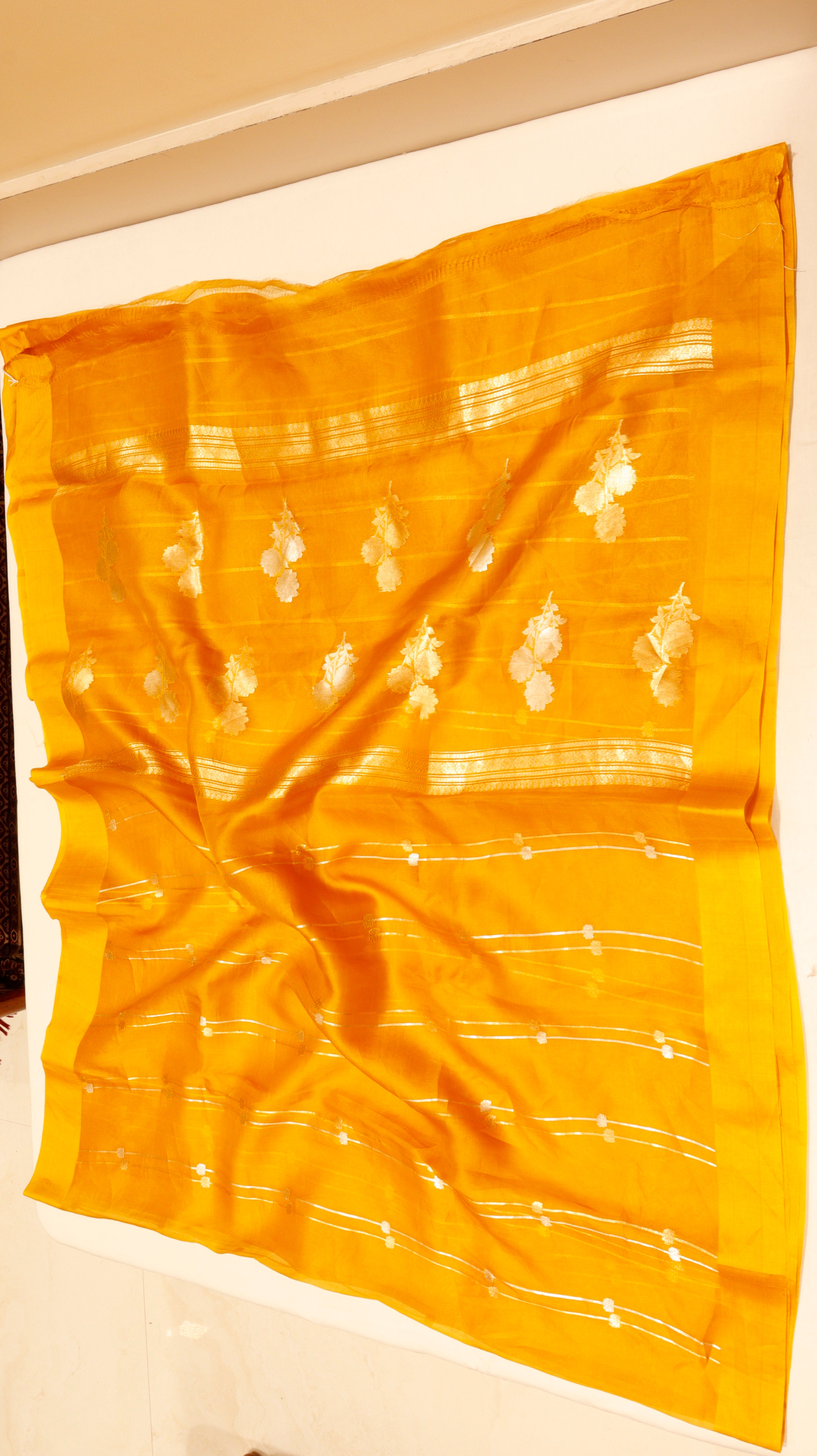 Pre-Order : Mustard Yellow Pure Kora Silk Handloom Saree with Stripe Blouse