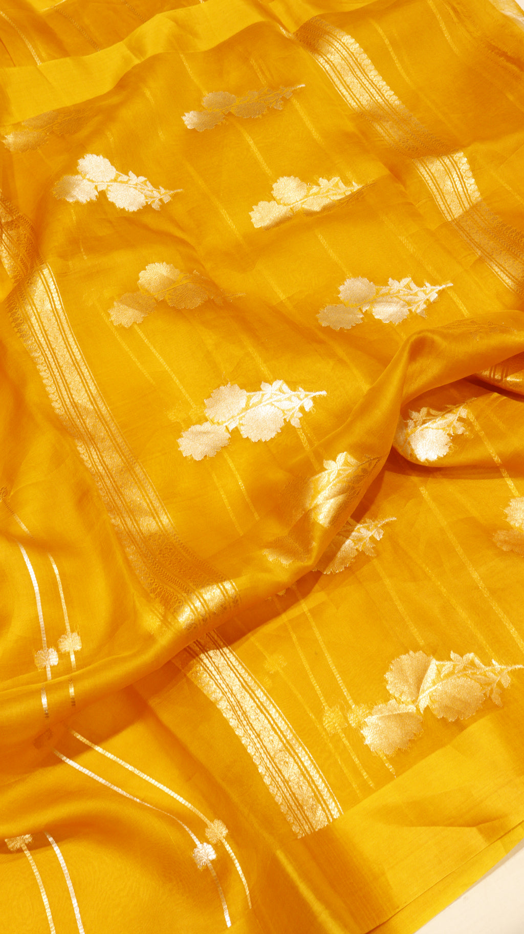 Pre-Order : Mustard Yellow Pure Kora Silk Handloom Saree with Stripe Blouse
