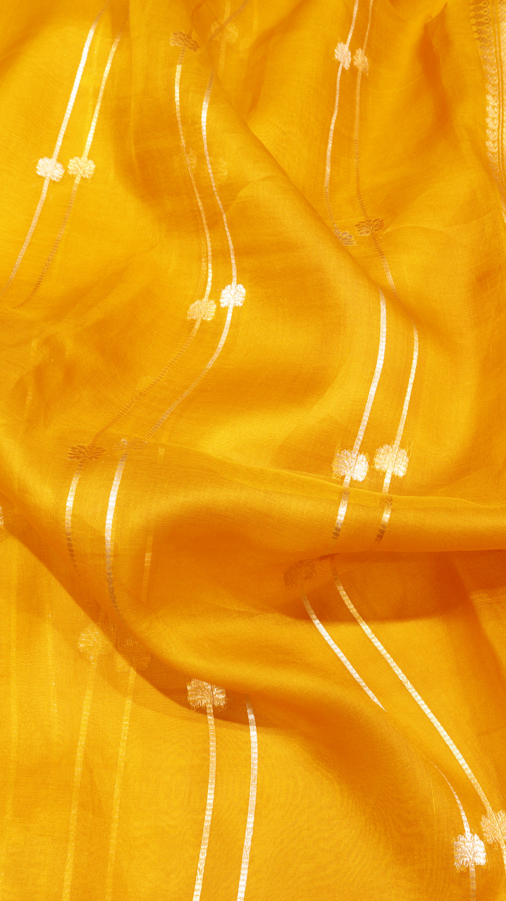 Pre-Order : Mustard Yellow Pure Kora Silk Handloom Saree with Stripe Blouse