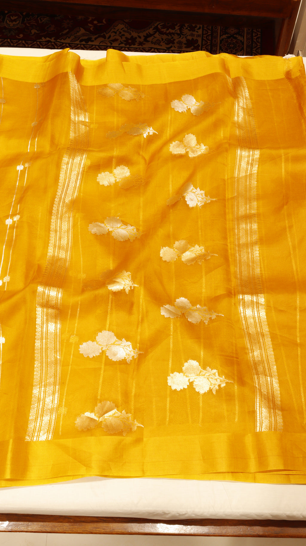 Pre-Order : Mustard Yellow Pure Kora Silk Handloom Saree with Stripe Blouse