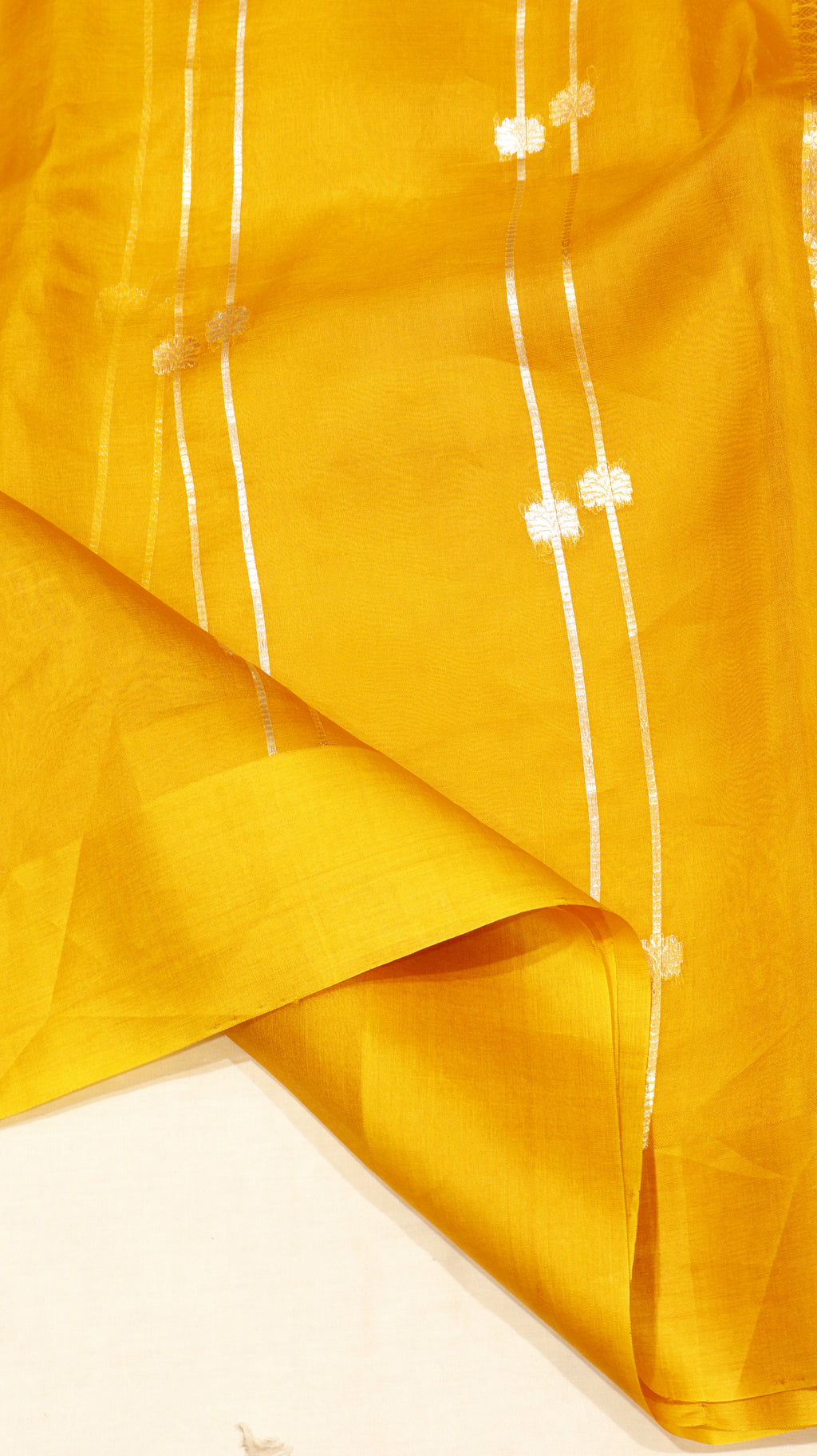 Pre-Order : Mustard Yellow Pure Kora Silk Handloom Saree with Stripe Blouse