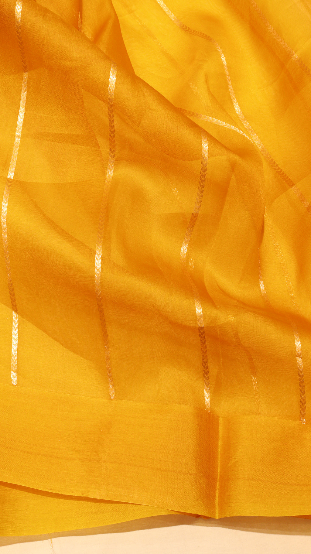 Pre-Order : Mustard Yellow Pure Kora Silk Handloom Saree with Stripe Blouse