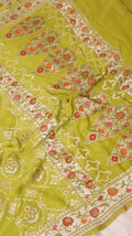 Pre Order : Parrot Green Pure Khaddi Georgette Handloom Saree with Paithani Border
