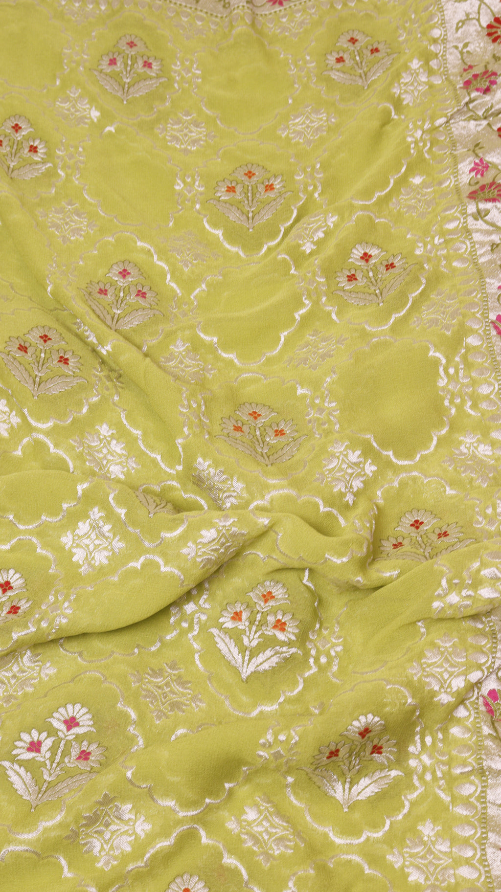 Pre Order : Parrot Green Pure Khaddi Georgette Handloom Saree with Paithani Border