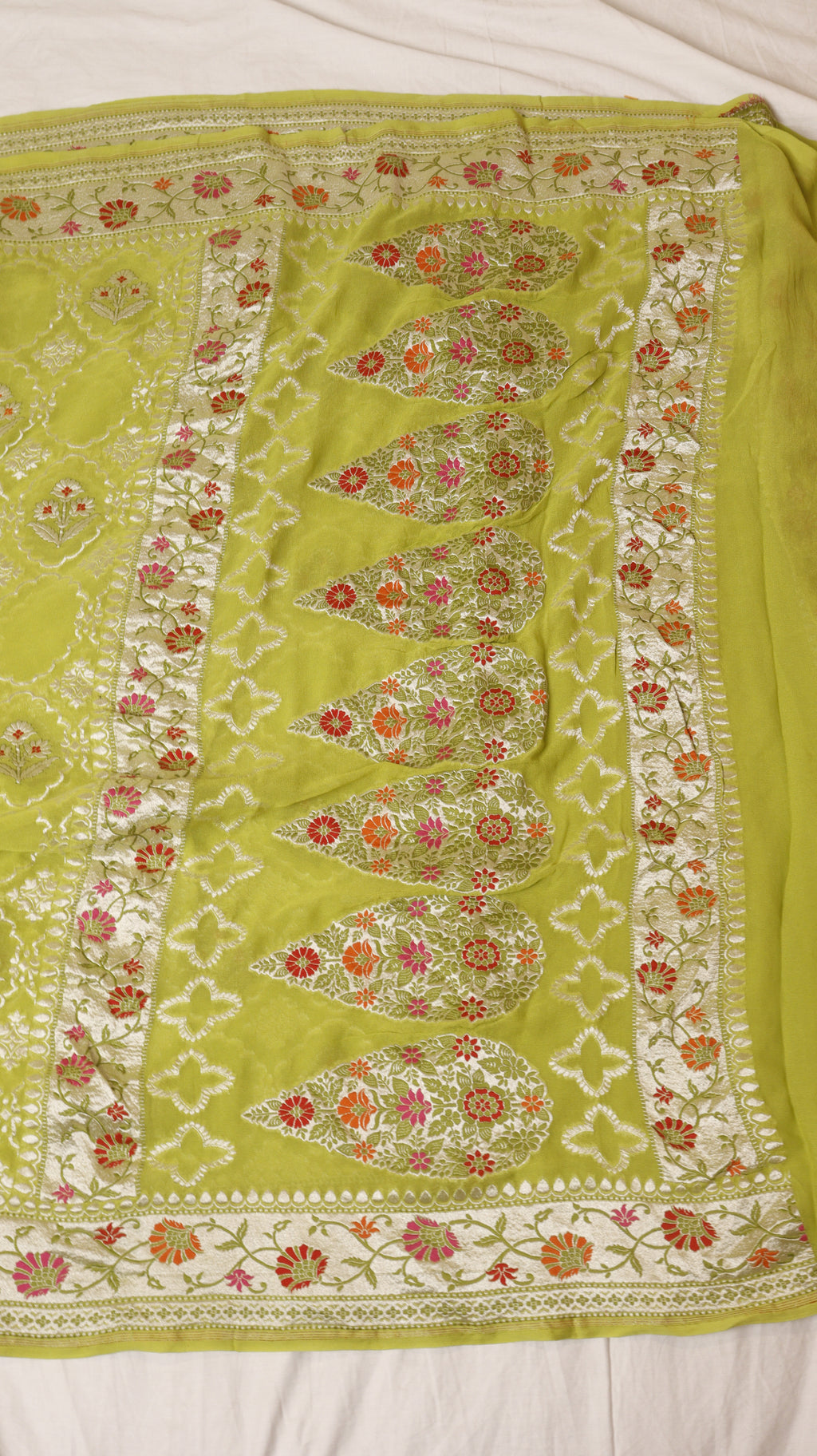 Pre Order : Parrot Green Pure Khaddi Georgette Handloom Saree with Paithani Border