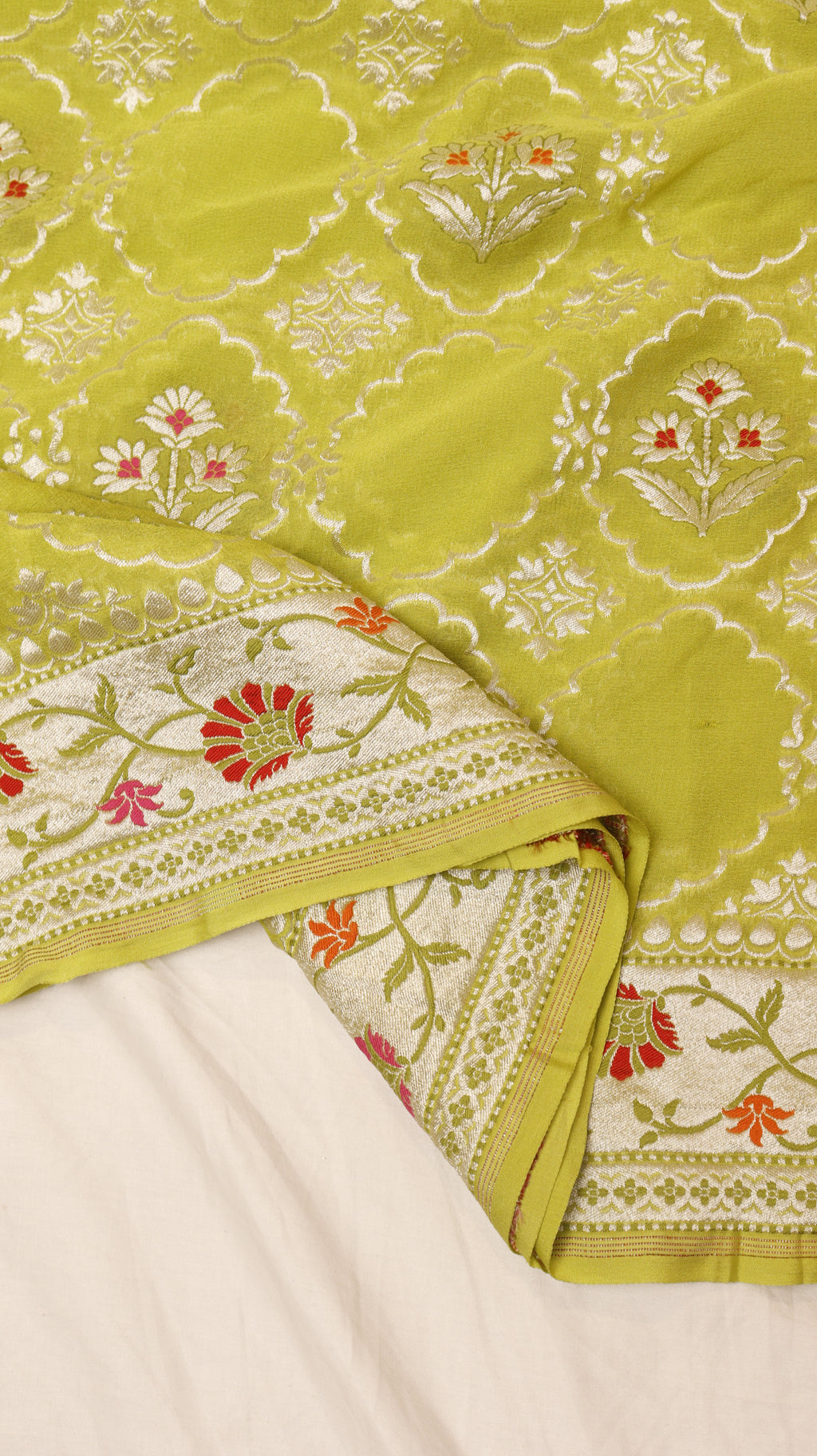 Pre Order : Parrot Green Pure Khaddi Georgette Handloom Saree with Paithani Border