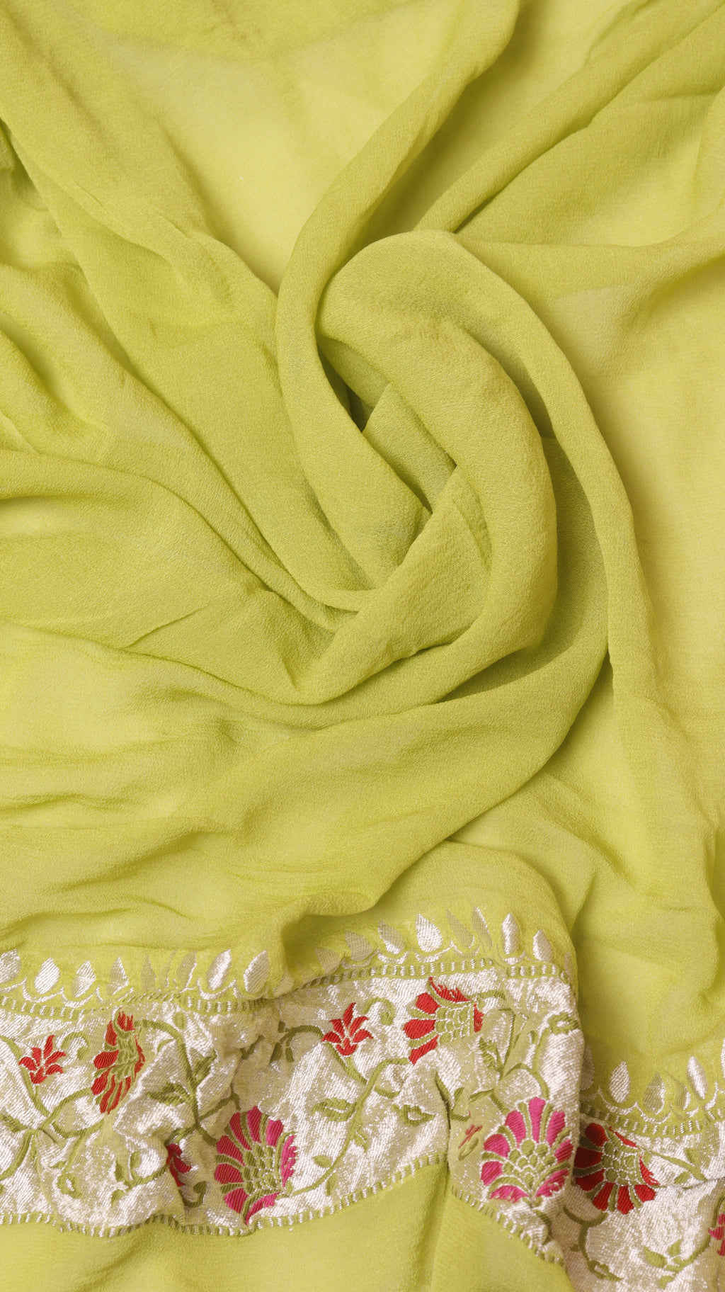 Pre Order : Parrot Green Pure Khaddi Georgette Handloom Saree with Paithani Border