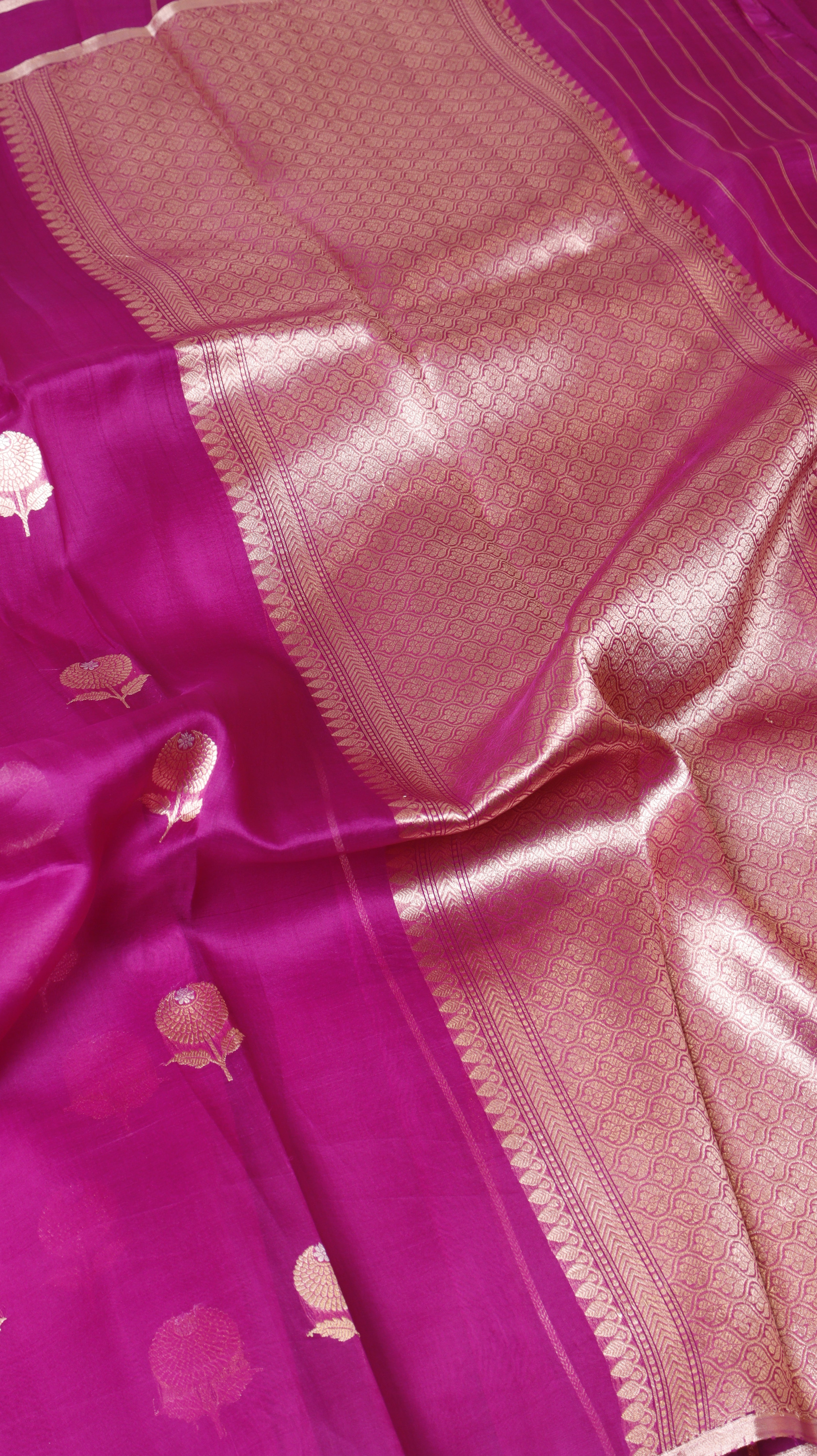 Pre-Order : Magenta Pink Pure Kora Silk Handloom Saree with Stripes Blouse