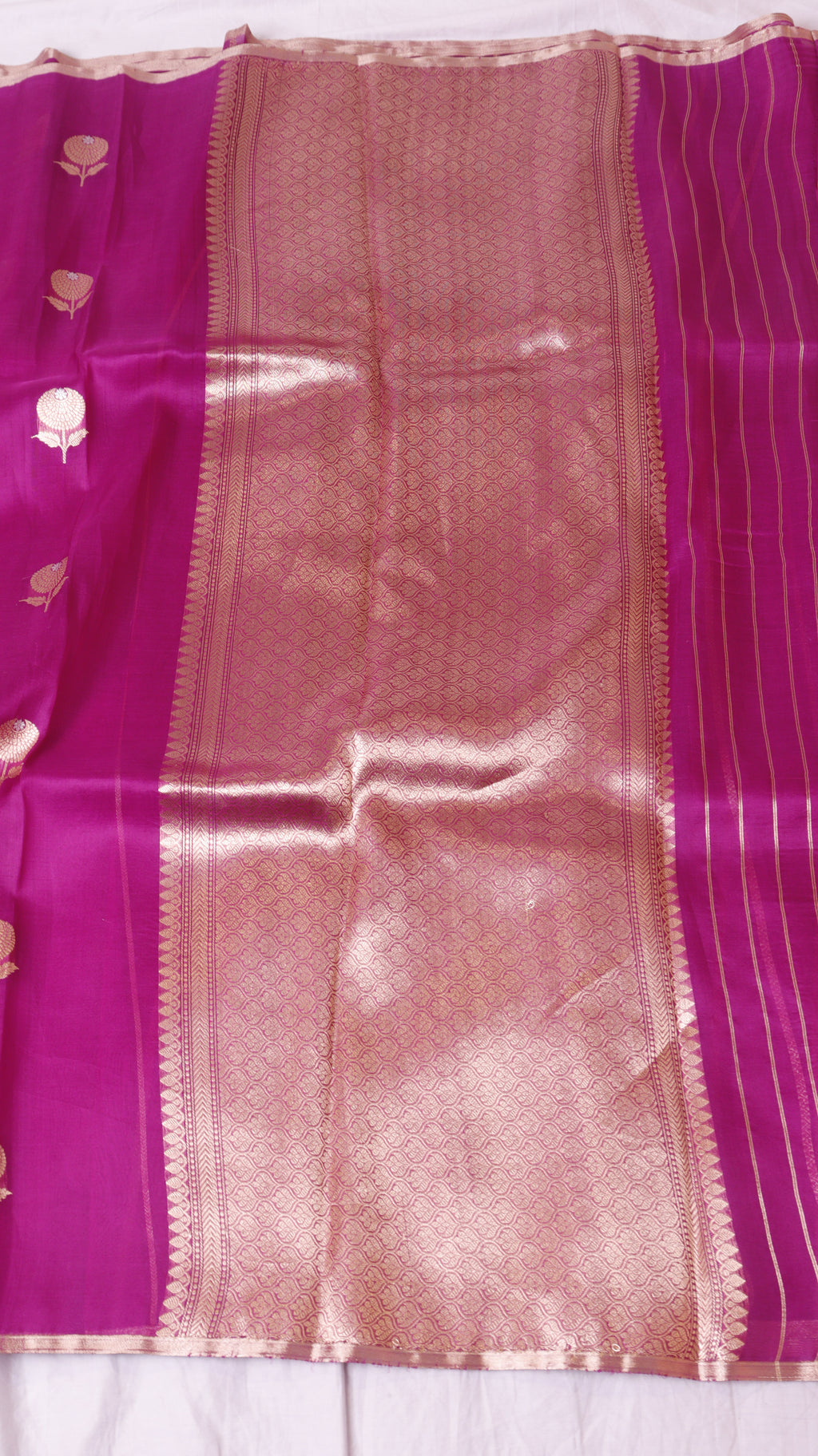 Pre-Order : Magenta Pink Pure Kora Silk Handloom Saree with Stripes Blouse