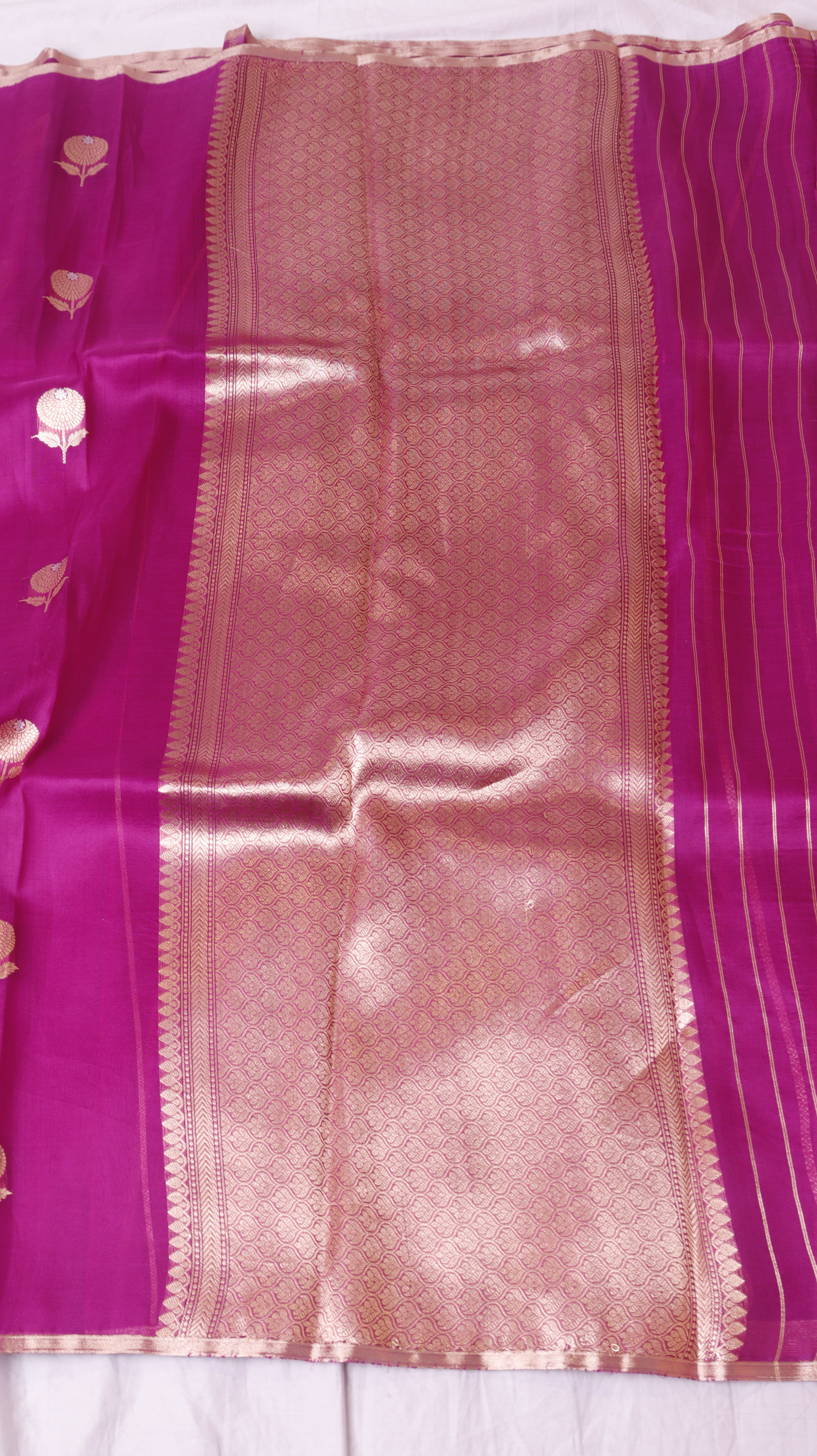 Pre-Order : Magenta Pink Pure Kora Silk Handloom Saree with Stripes Blouse