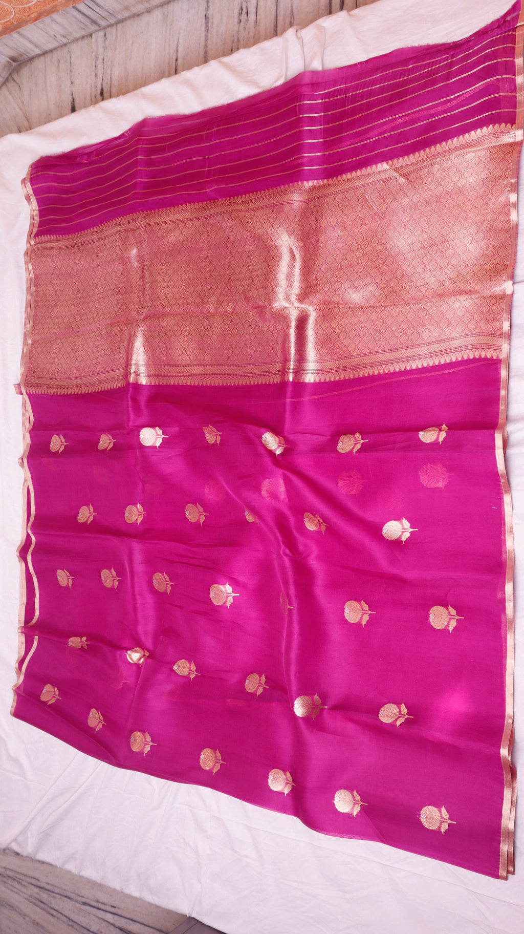 Pre-Order : Magenta Pink Pure Kora Silk Handloom Saree with Stripes Blouse