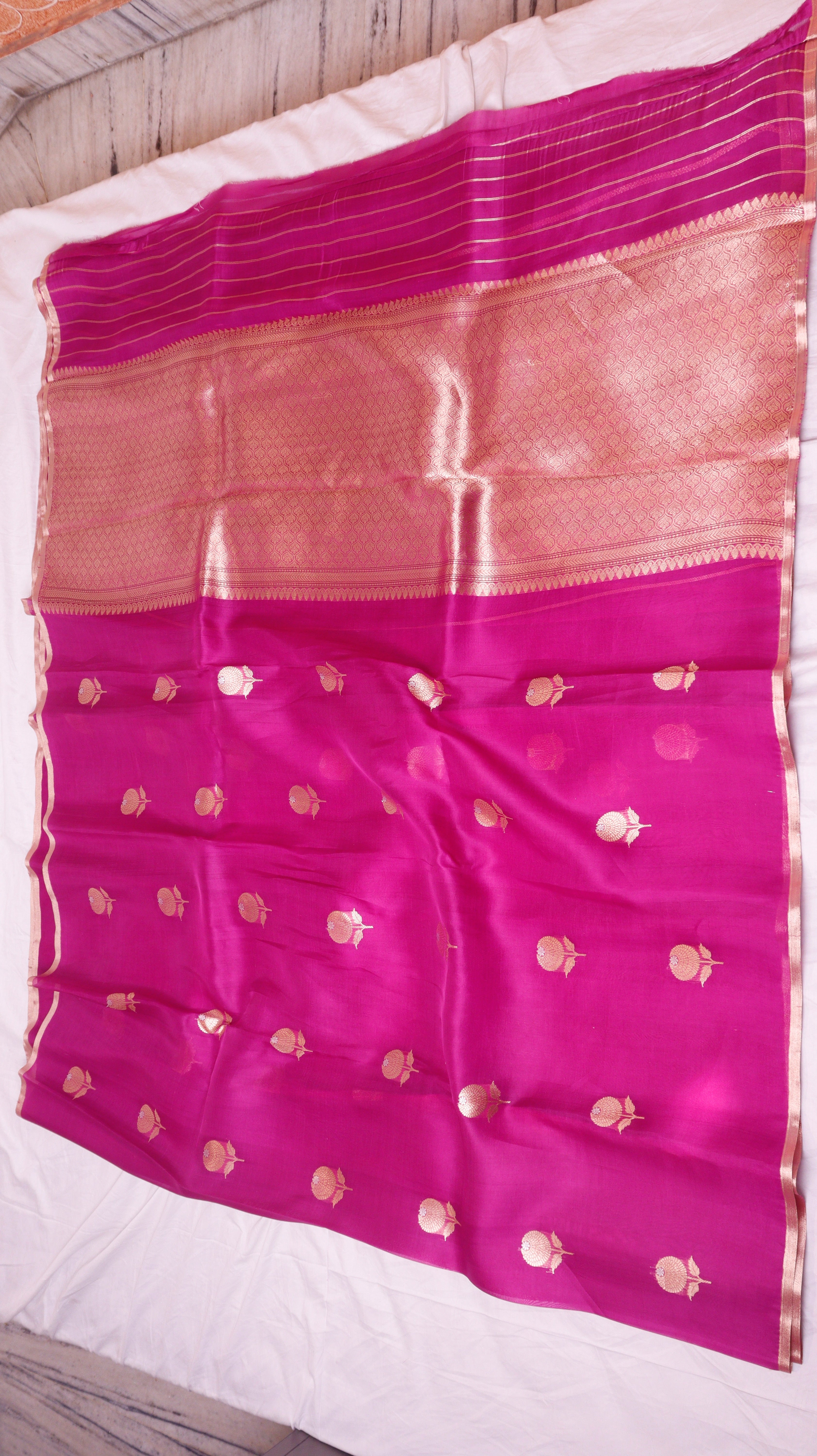 Pre-Order : Magenta Pink Pure Kora Silk Handloom Saree with Stripes Blouse
