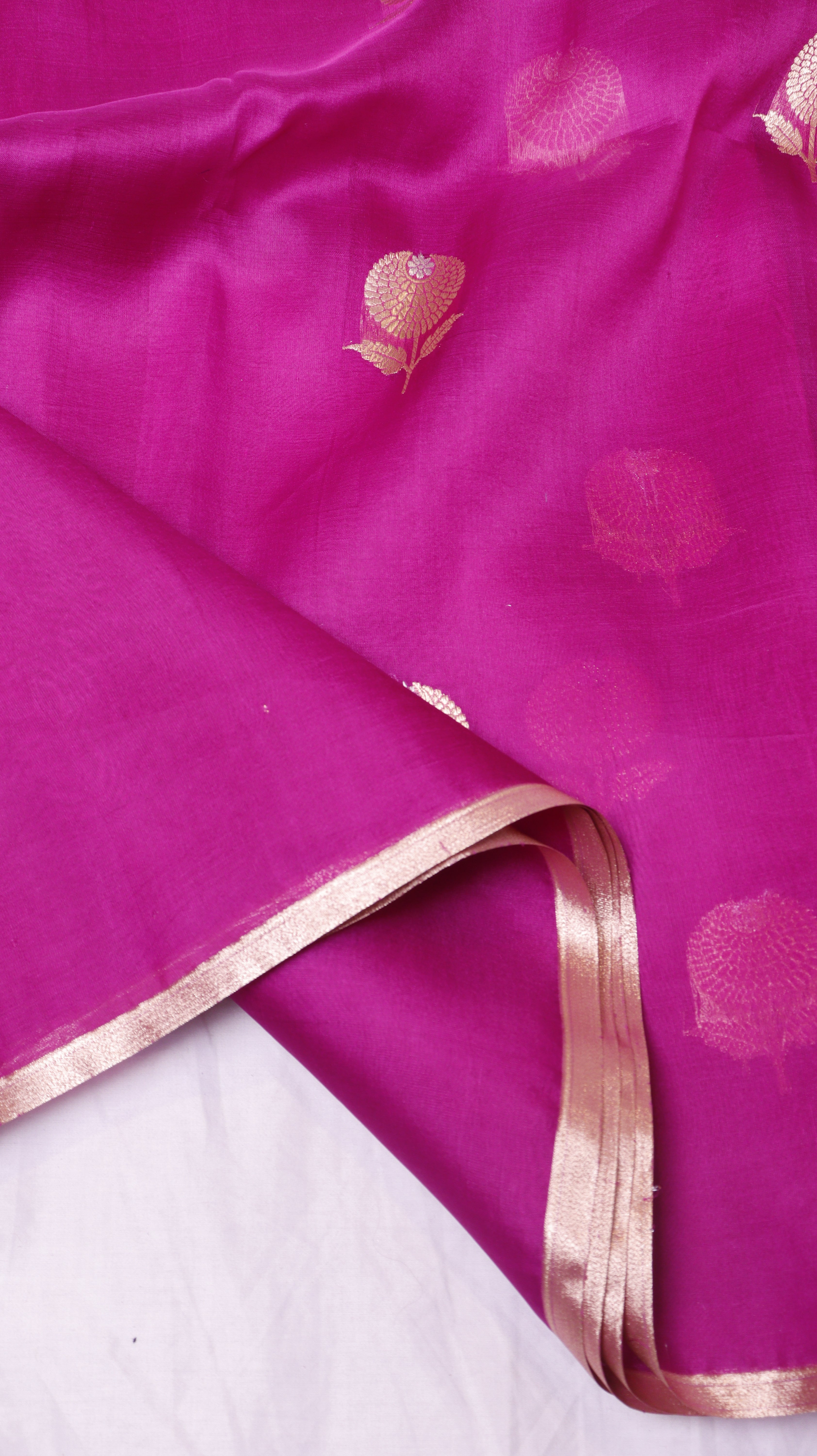Pre-Order : Magenta Pink Pure Kora Silk Handloom Saree with Stripes Blouse