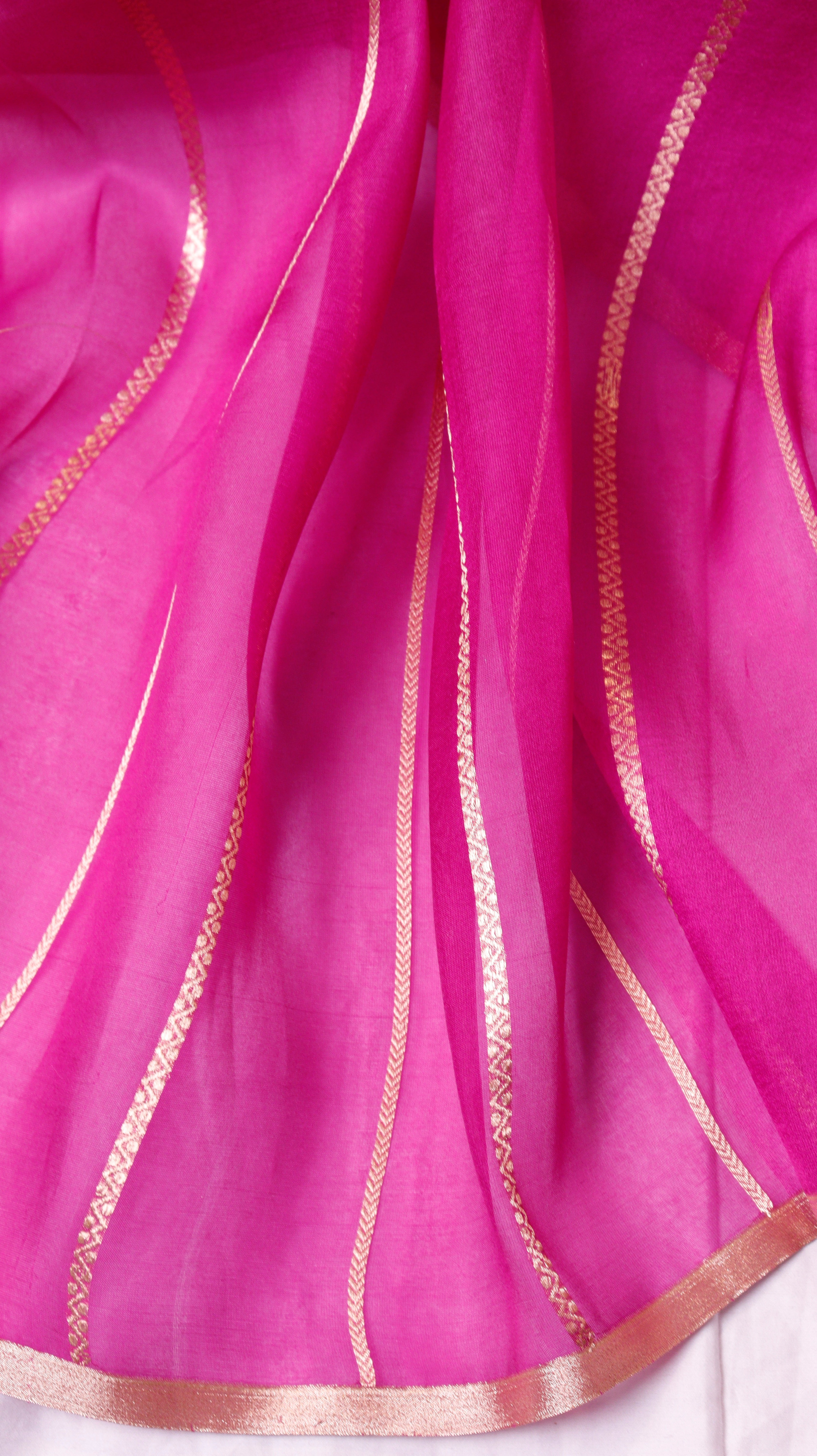 Pre-Order : Magenta Pink Pure Kora Silk Handloom Saree with Stripes Blouse