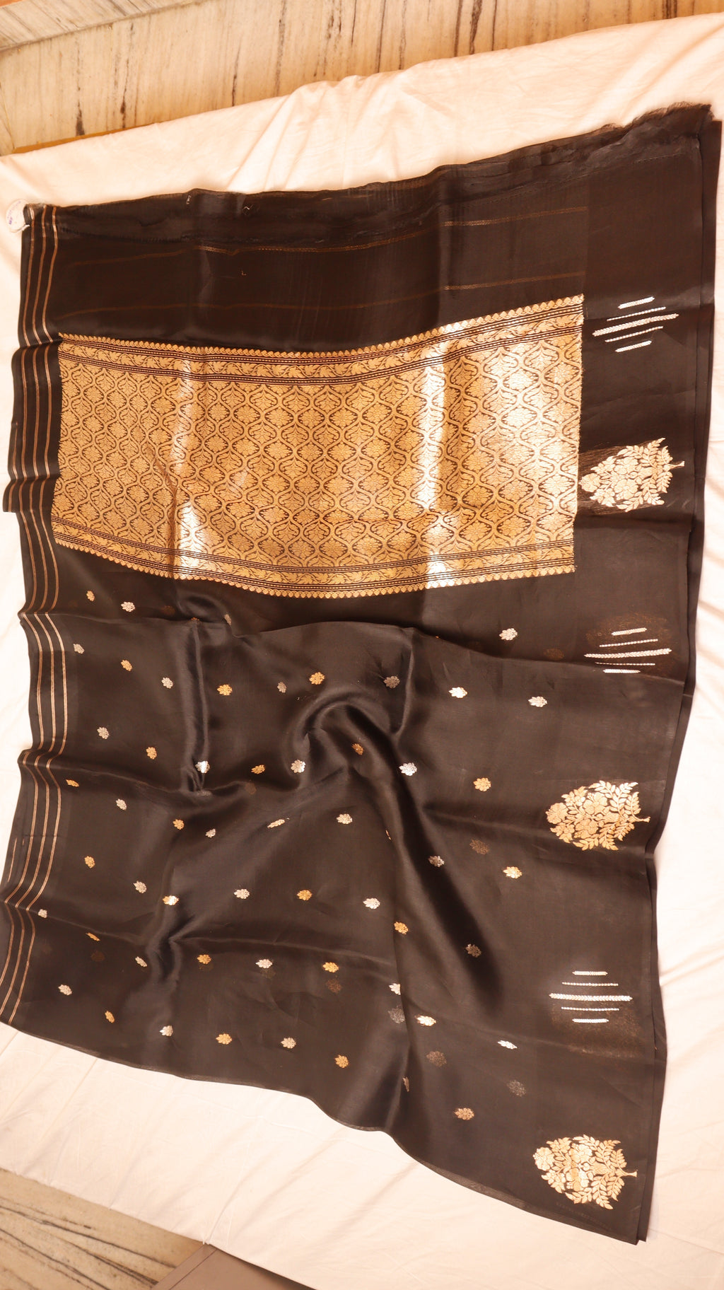Pre-Order : Black Pure Kora Silk Handloom Saree with Stripes Blouse