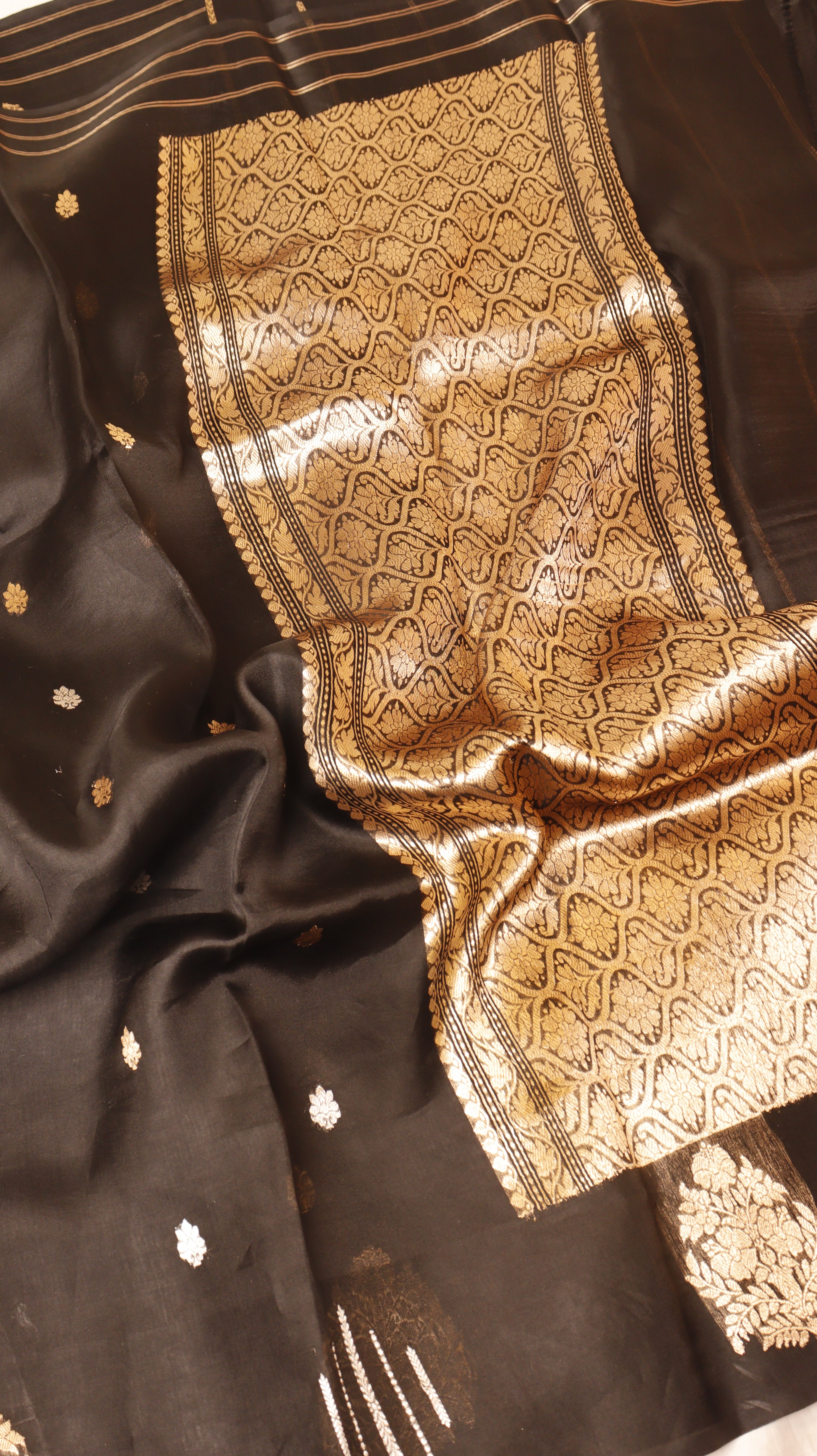 Pre-Order : Black Pure Kora Silk Handloom Saree with Stripes Blouse