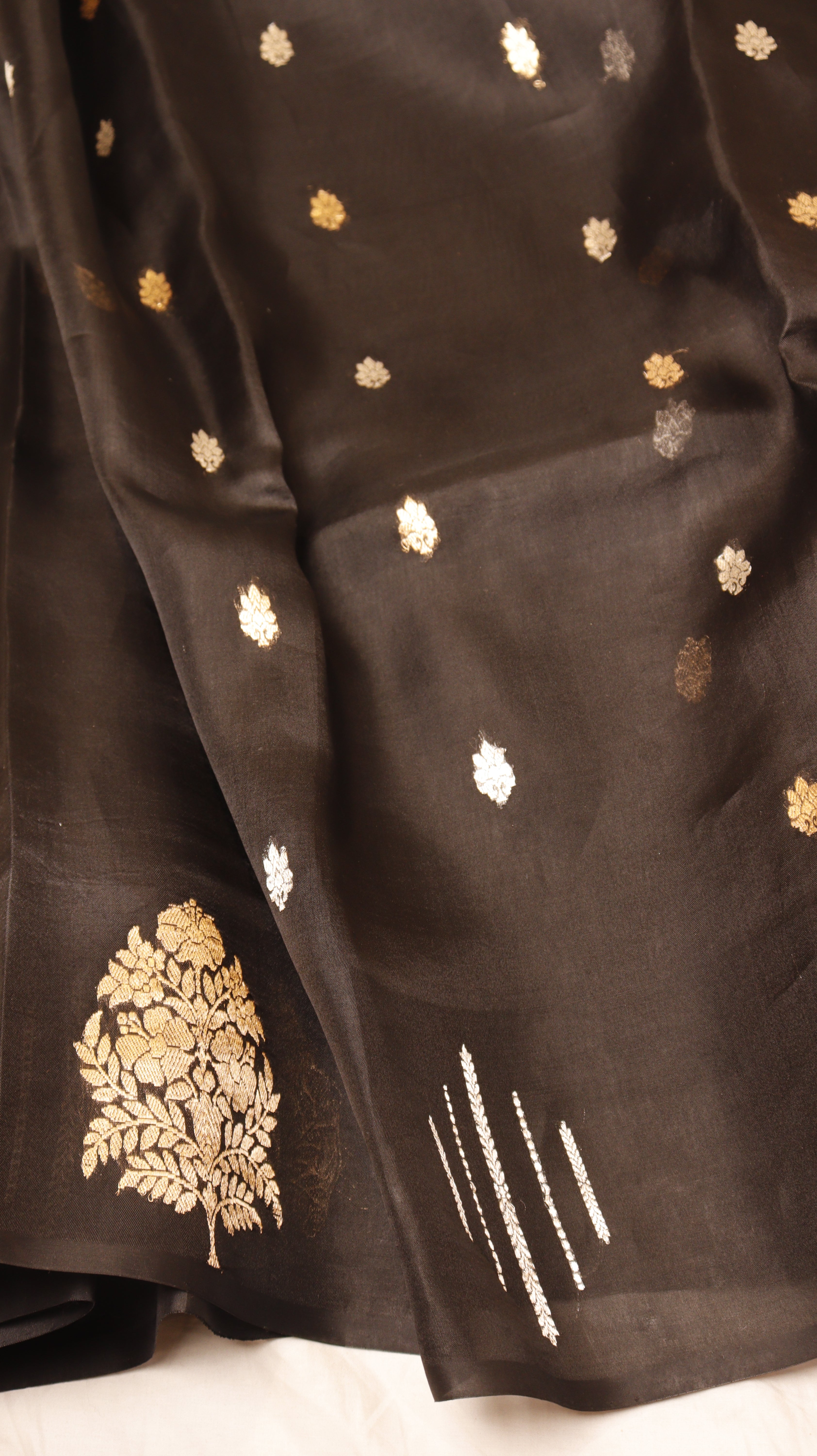 Pre-Order : Black Pure Kora Silk Handloom Saree with Stripes Blouse