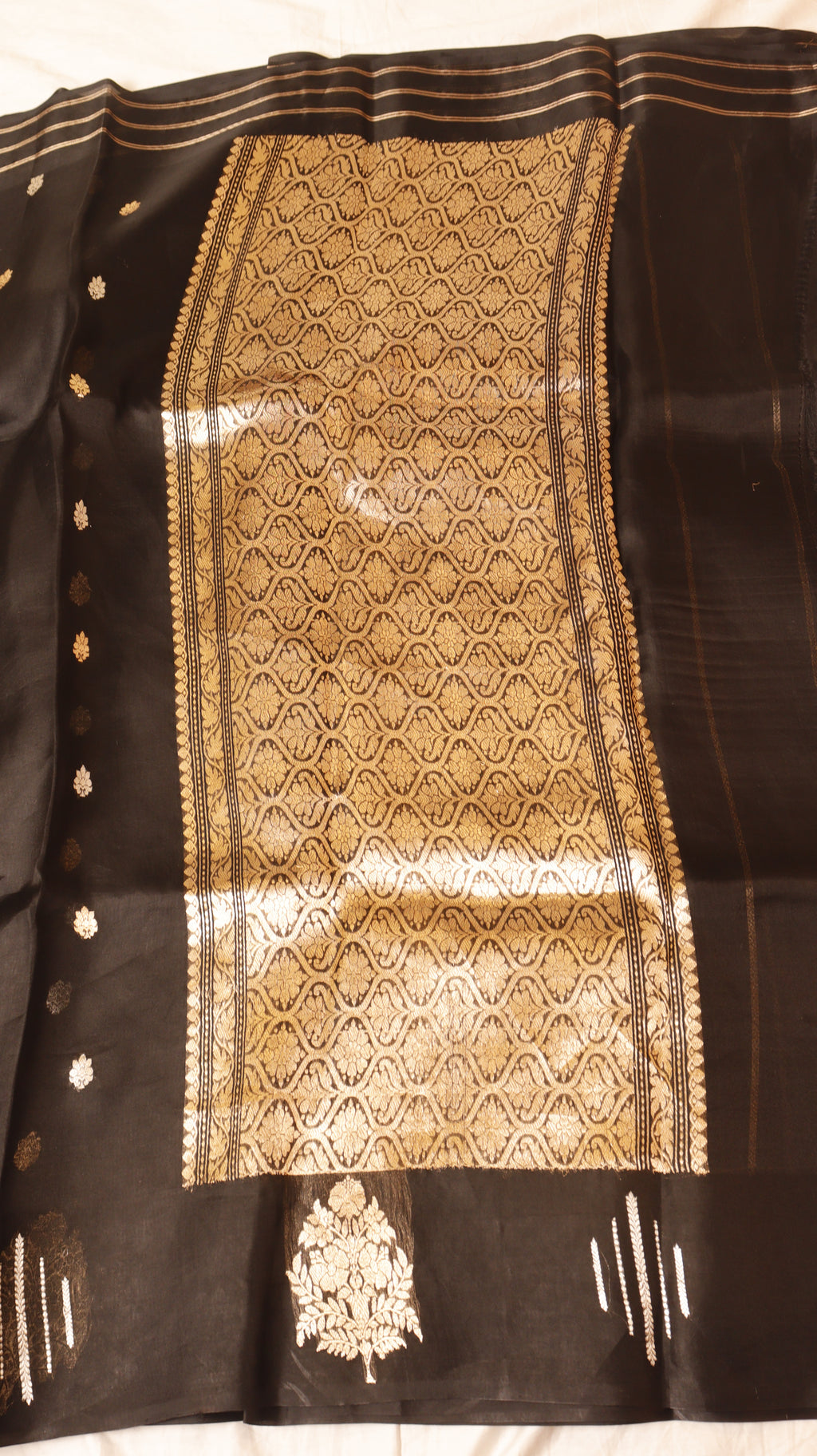 Pre-Order : Black Pure Kora Silk Handloom Saree with Stripes Blouse