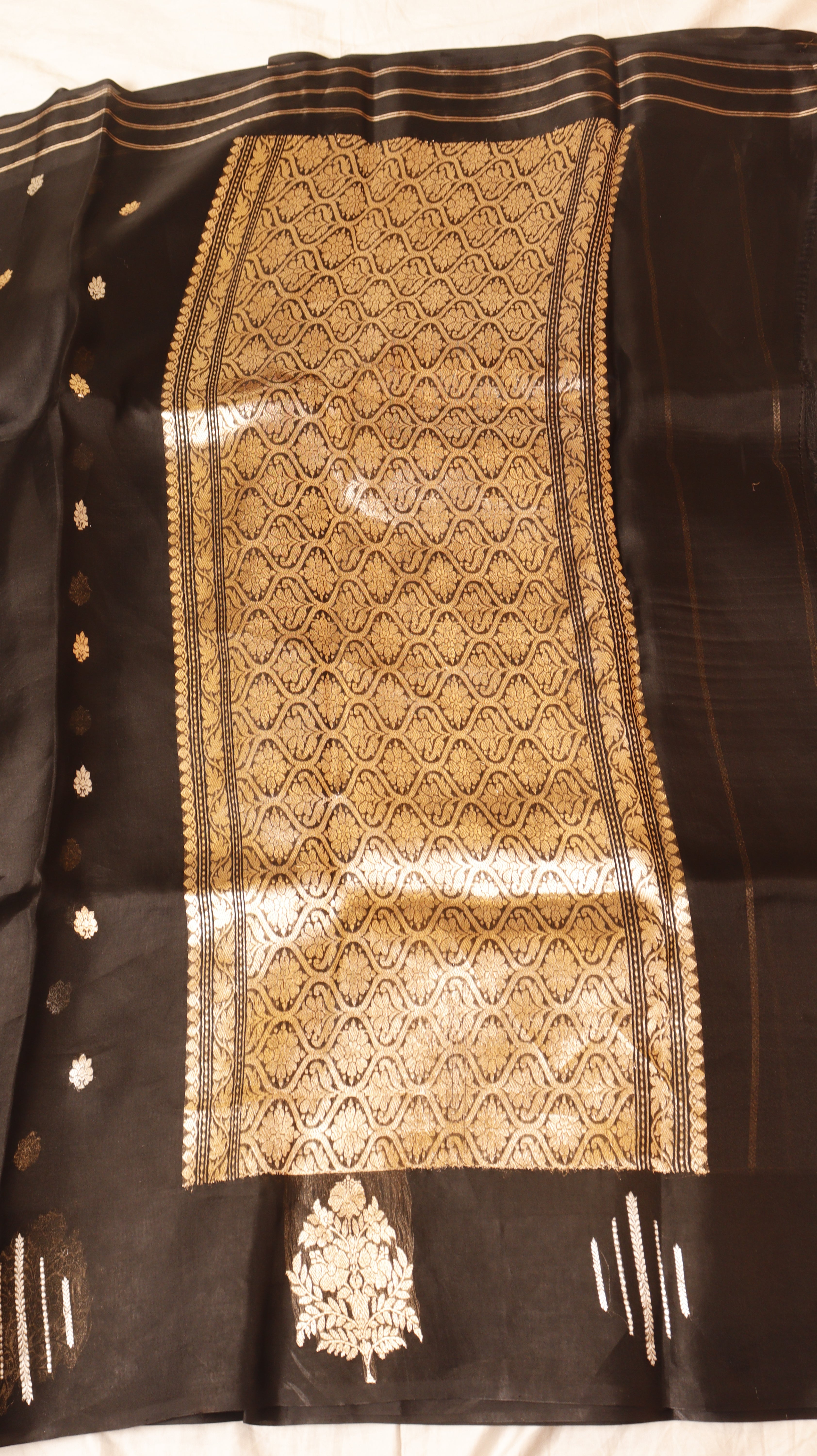 Pre-Order : Black Pure Kora Silk Handloom Saree with Stripes Blouse