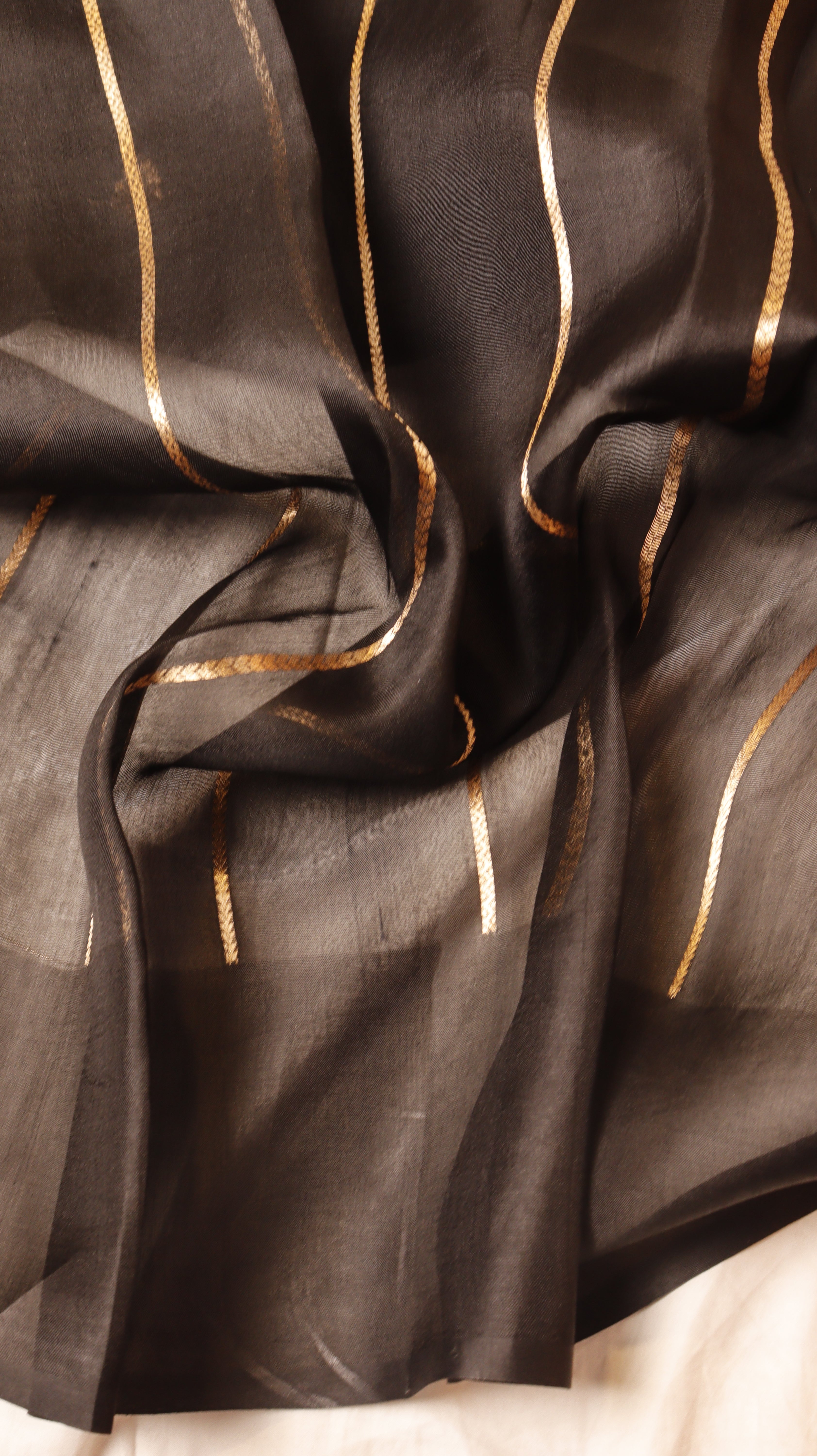 Pre-Order : Black Pure Kora Silk Handloom Saree with Stripes Blouse