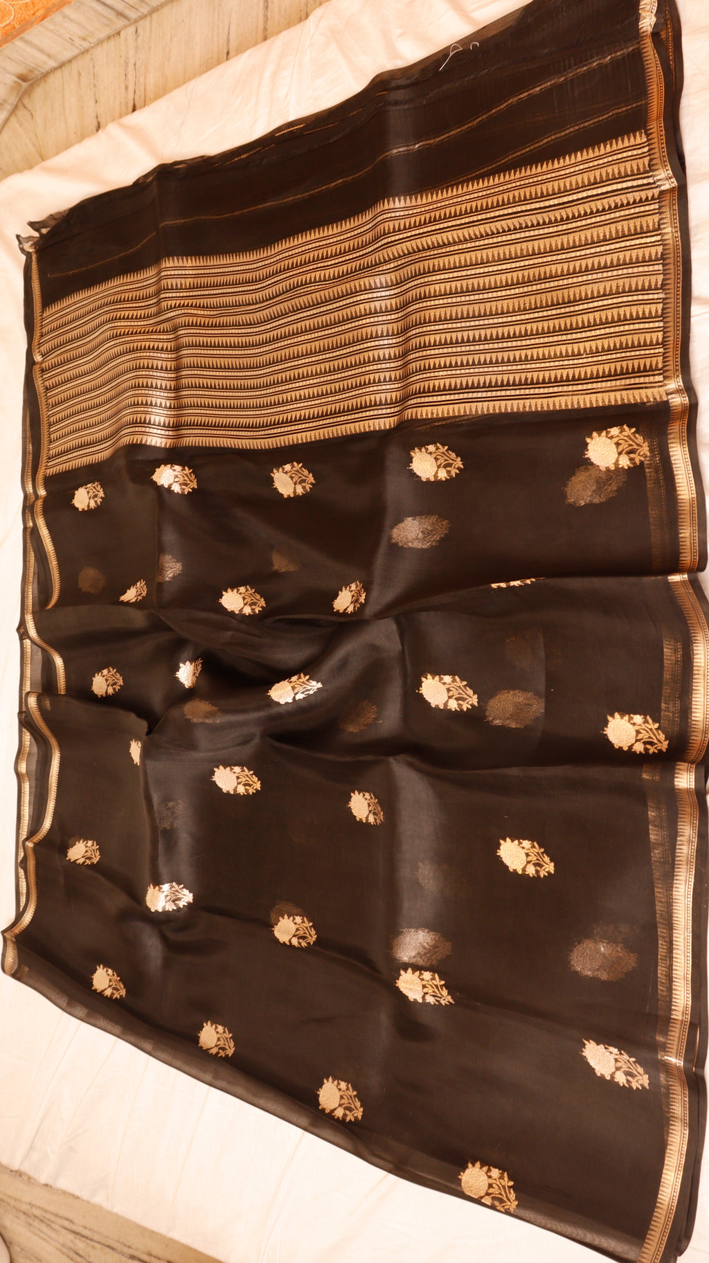 Pre-Order : Black Pure Kora Silk Handloom Saree with Stripes Blouse