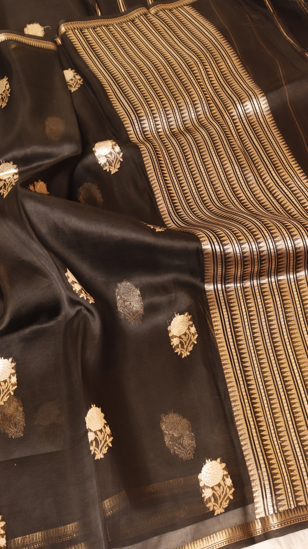 Pre-Order : Black Pure Kora Silk Handloom Saree with Stripes Blouse
