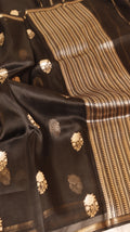 Pre-Order : Black Pure Kora Silk Handloom Saree with Stripes Blouse