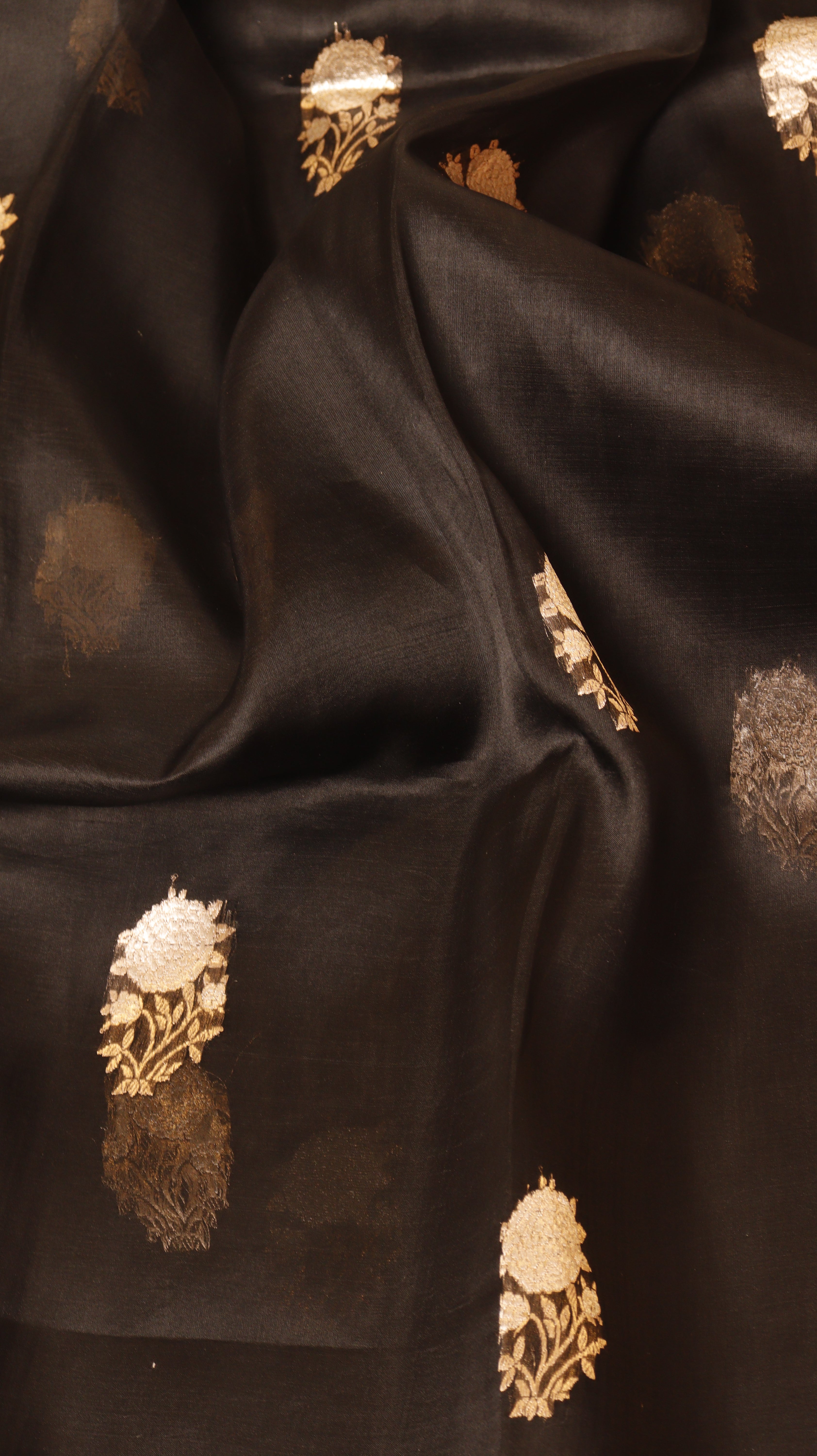 Pre-Order : Black Pure Kora Silk Handloom Saree with Stripes Blouse