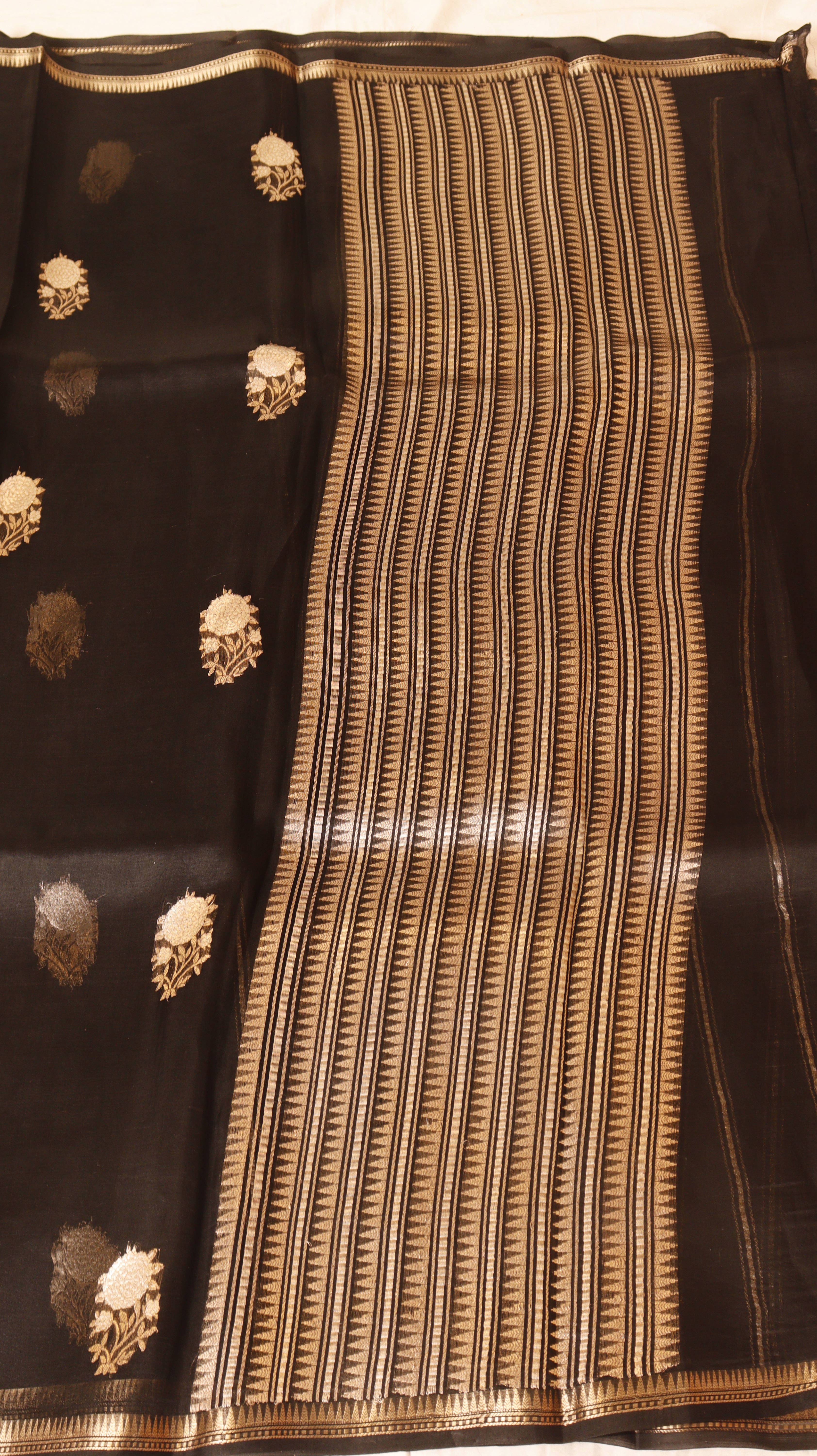 Pre-Order : Black Pure Kora Silk Handloom Saree with Stripes Blouse