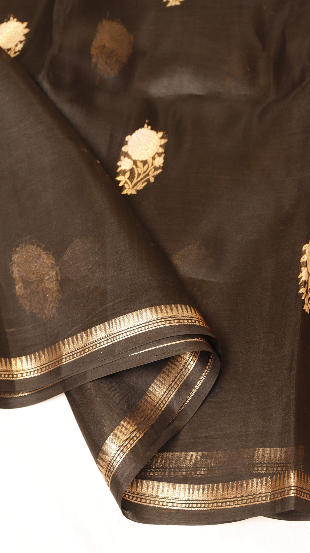 Pre-Order : Black Pure Kora Silk Handloom Saree with Stripes Blouse