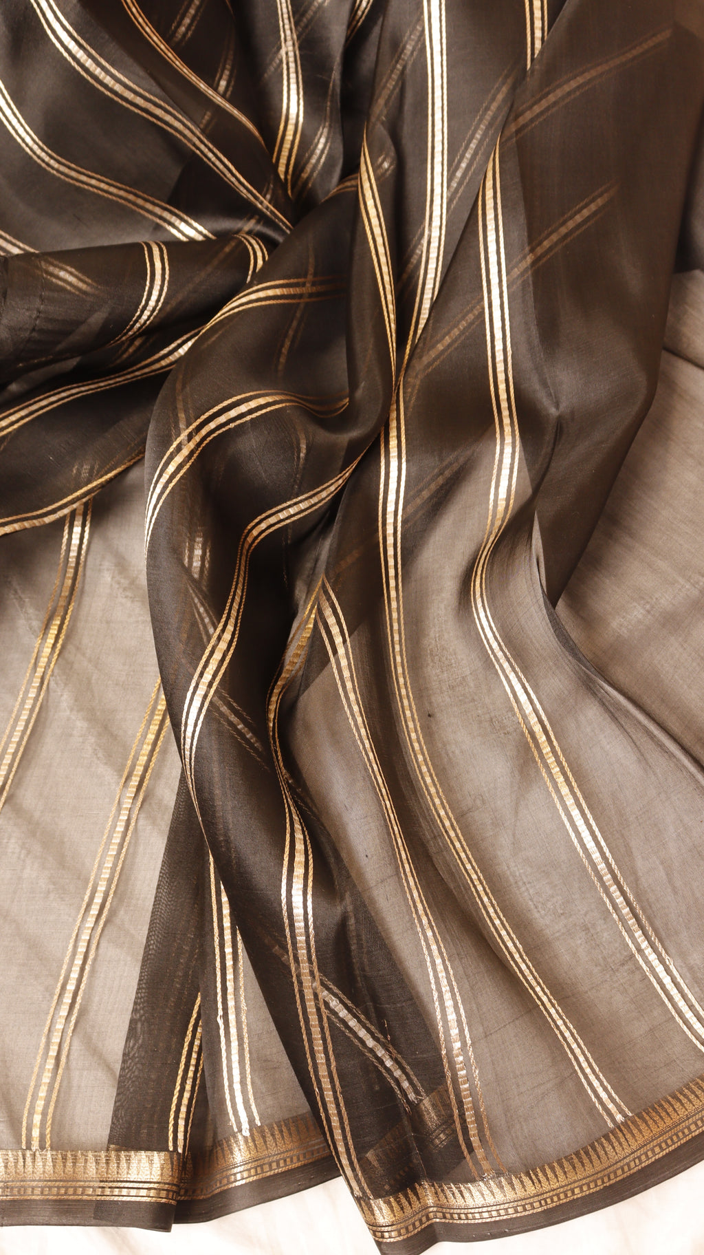 Pre-Order : Black Pure Kora Silk Handloom Saree with Stripes Blouse