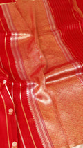 Red Pure Kora Silk Handloom Saree with Stripes Blouse