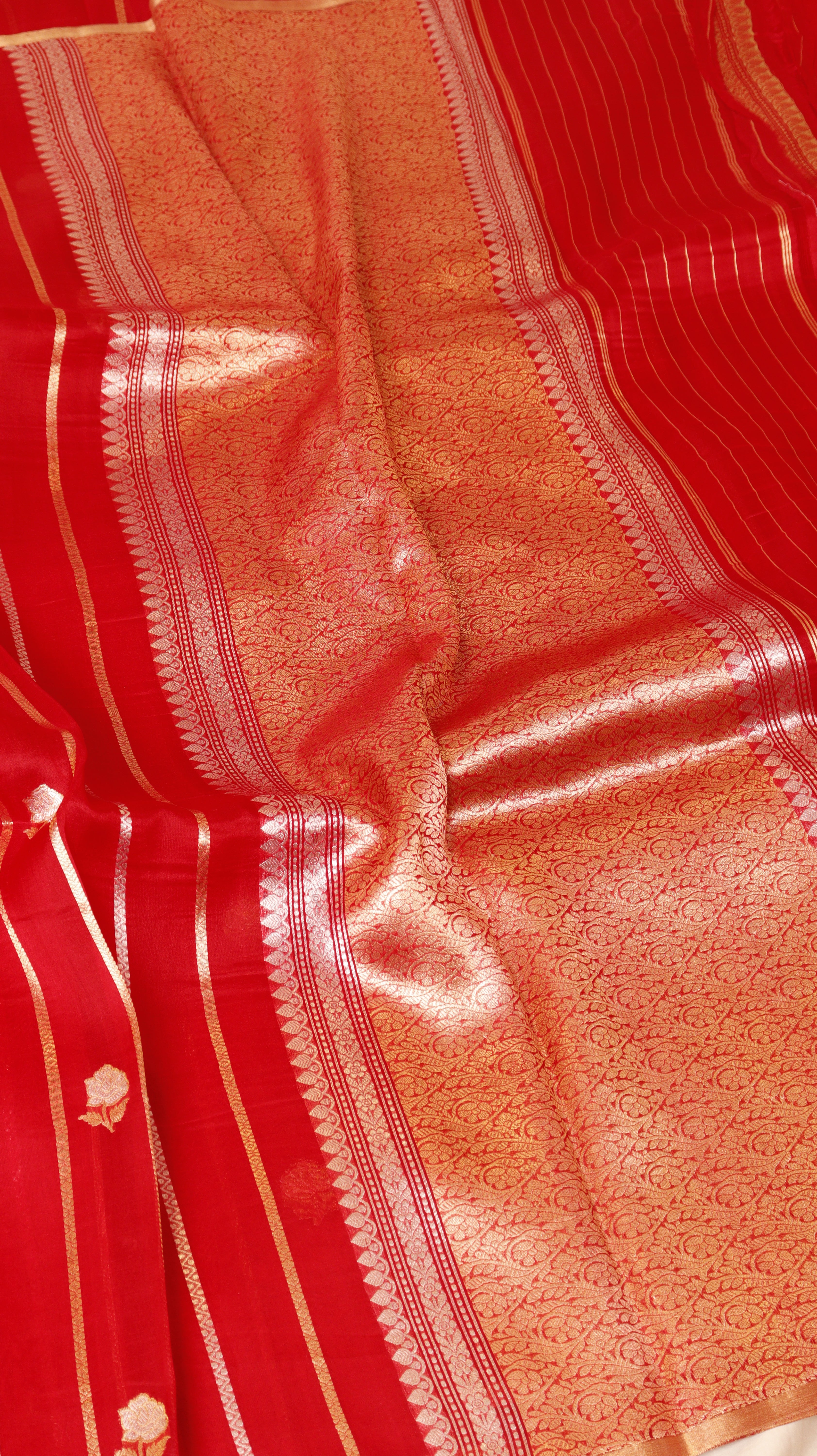 Red Pure Kora Silk Handloom Saree with Stripes Blouse