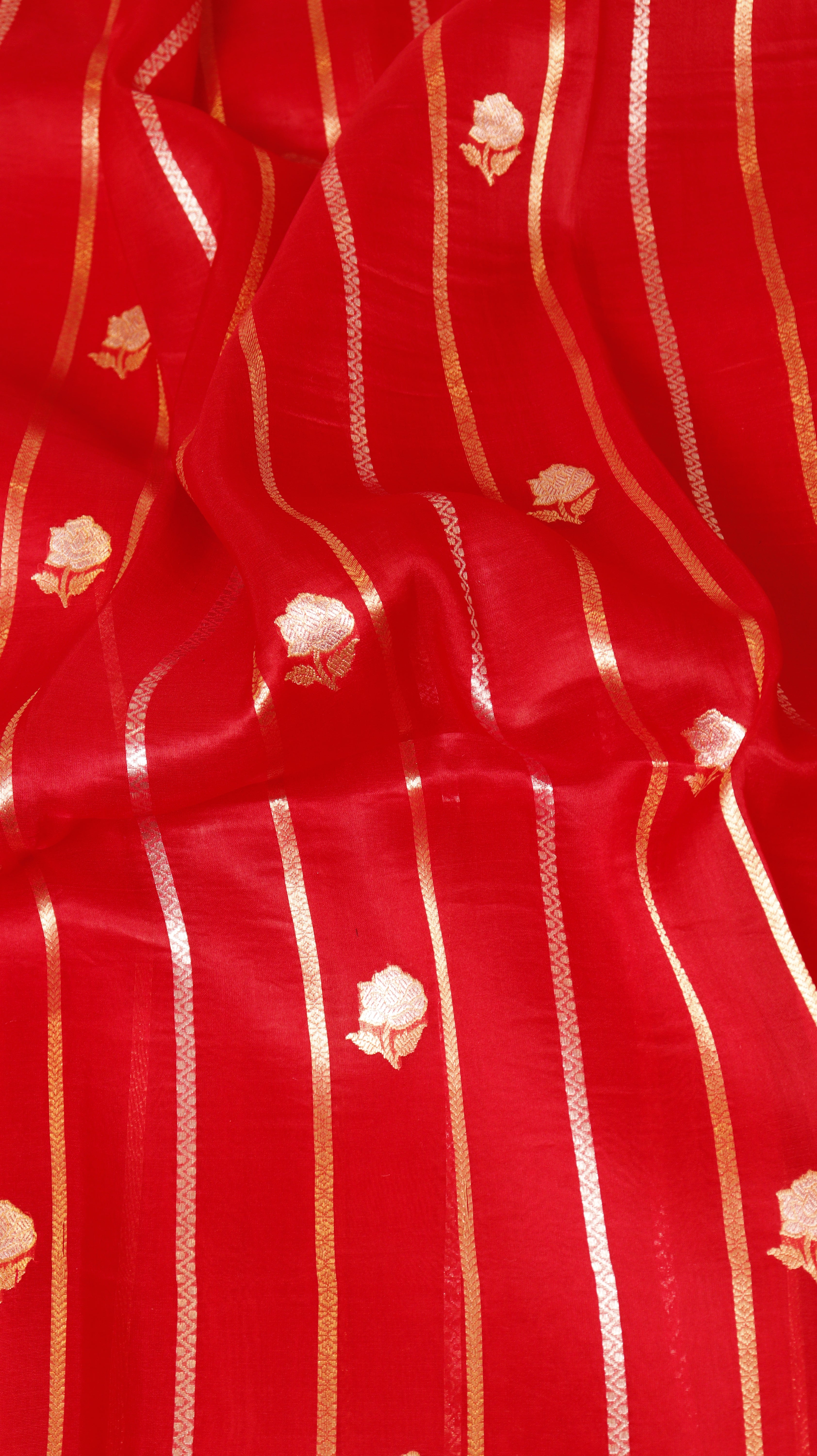 Red Pure Kora Silk Handloom Saree with Stripes Blouse