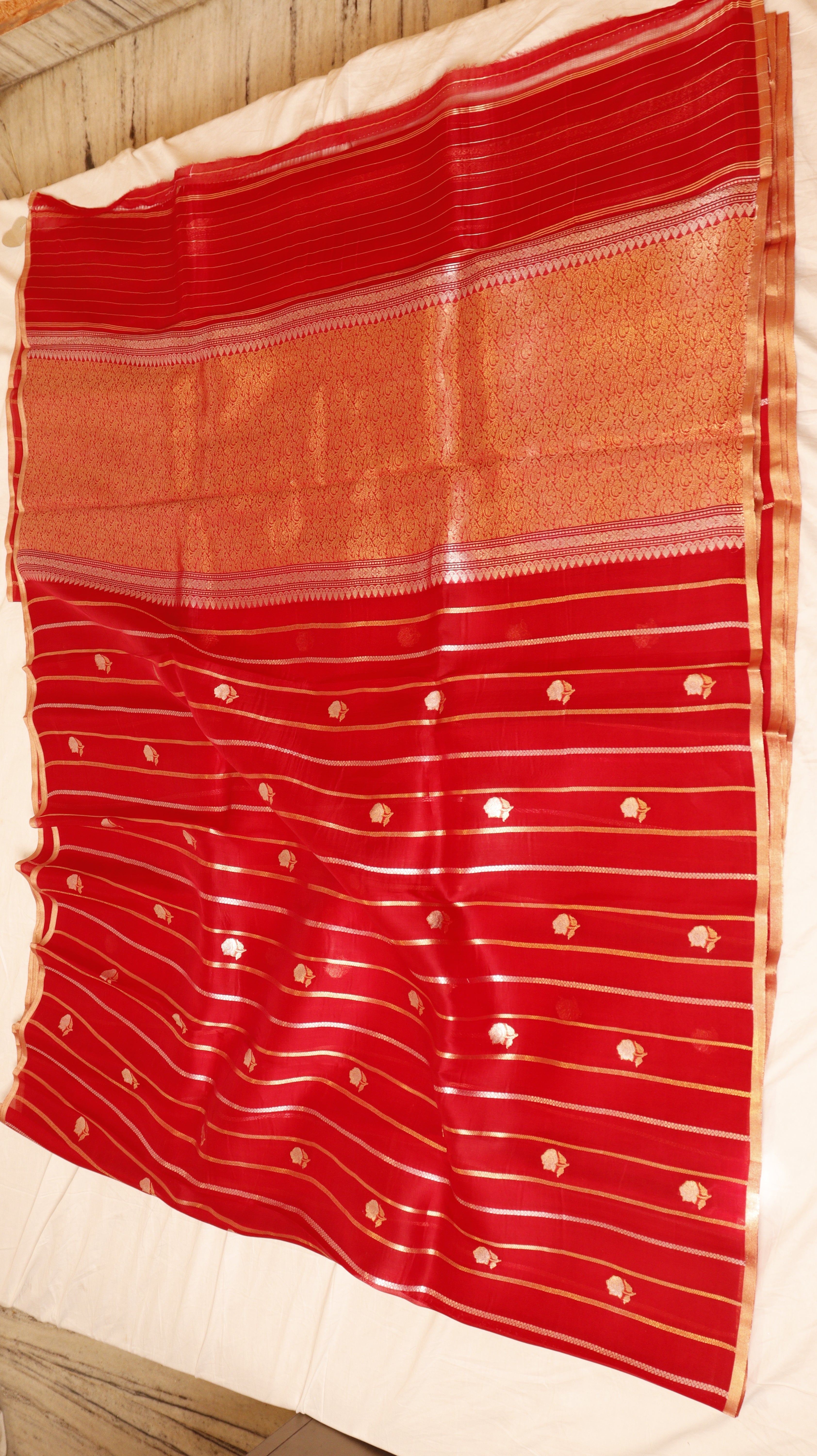 Red Pure Kora Silk Handloom Saree with Stripes Blouse