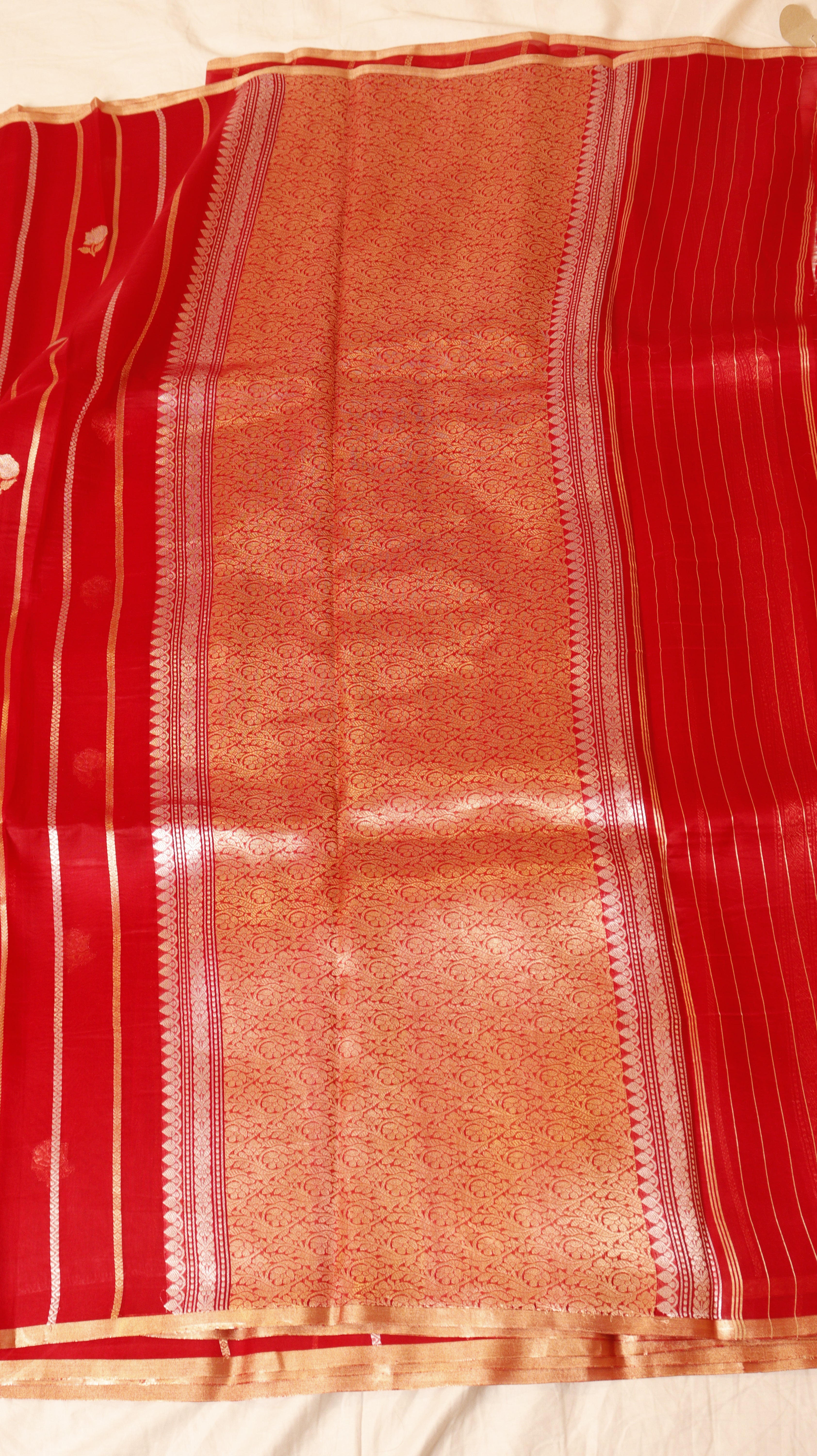 Red Pure Kora Silk Handloom Saree with Stripes Blouse