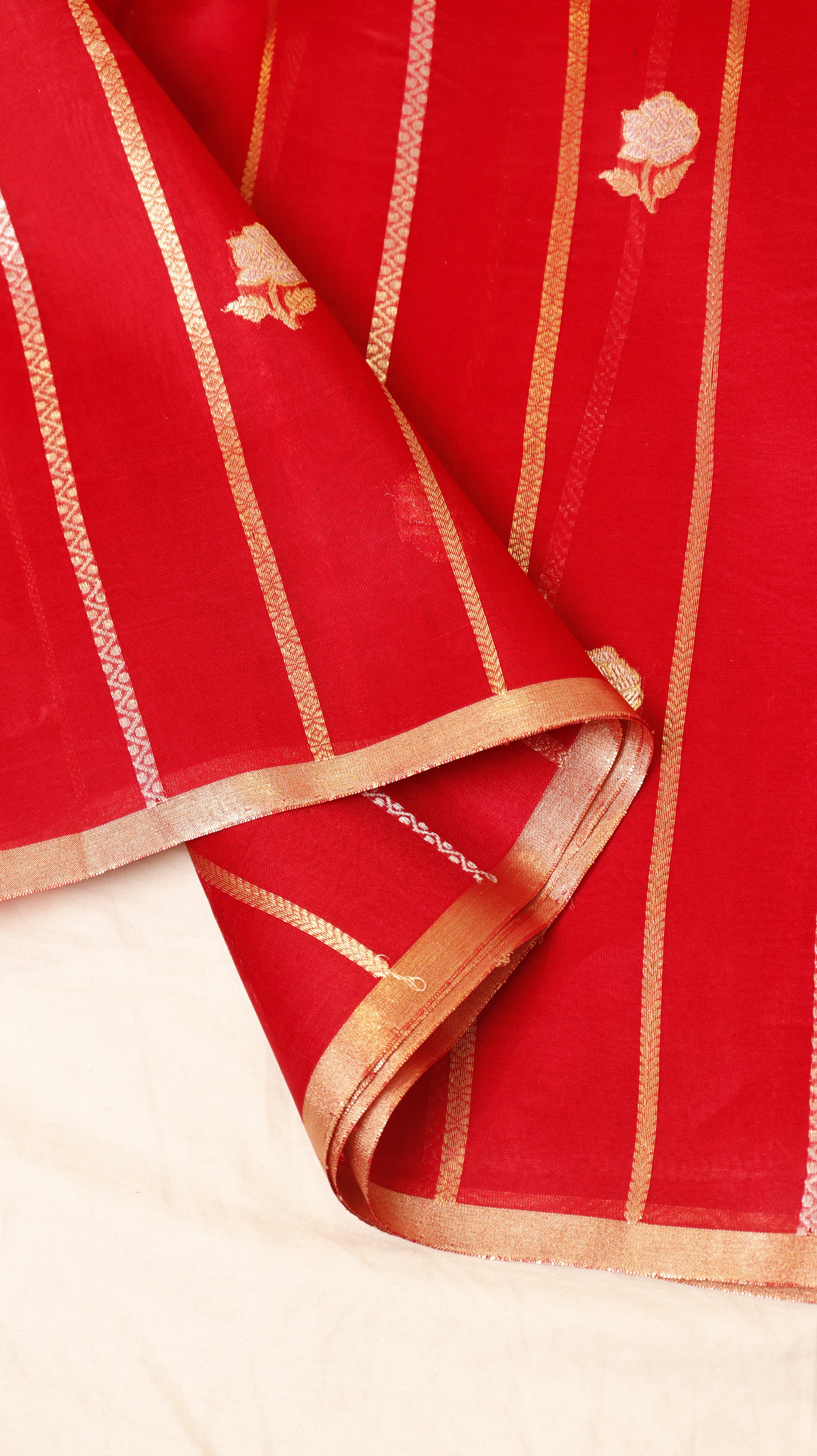 Red Pure Kora Silk Handloom Saree with Stripes Blouse