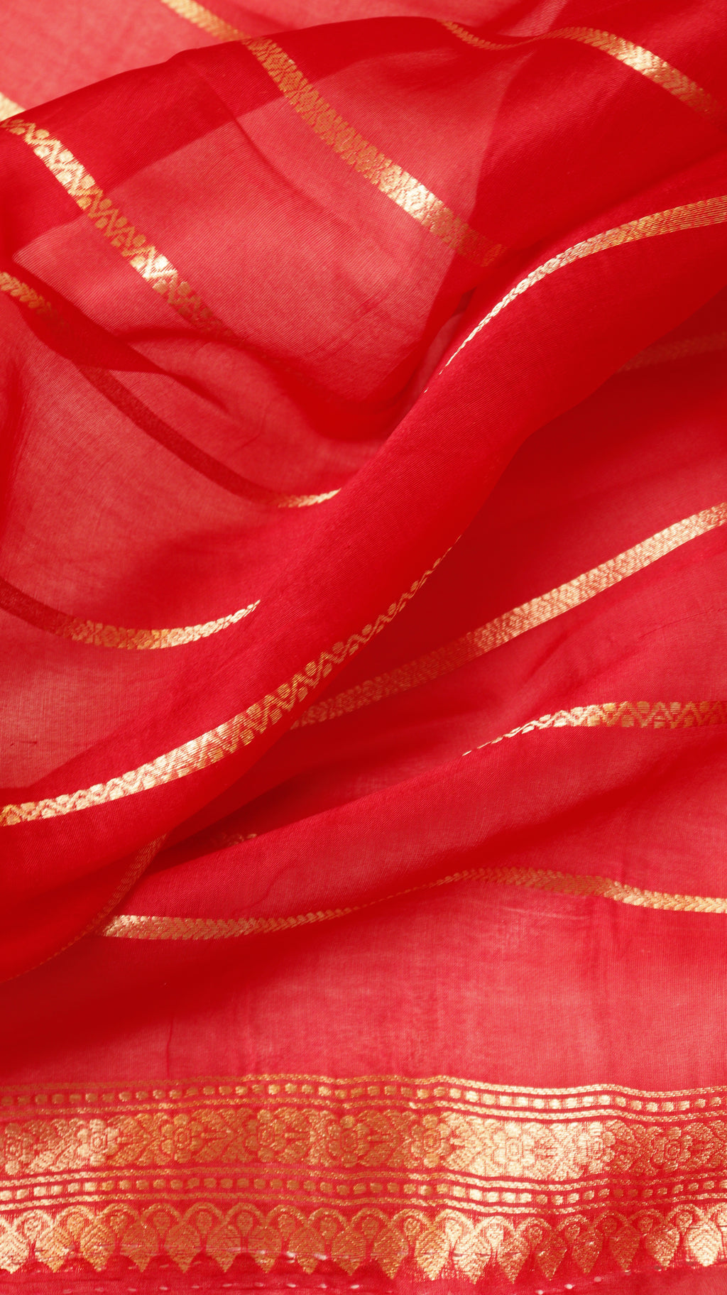Red Pure Kora Silk Handloom Saree with Stripes Blouse