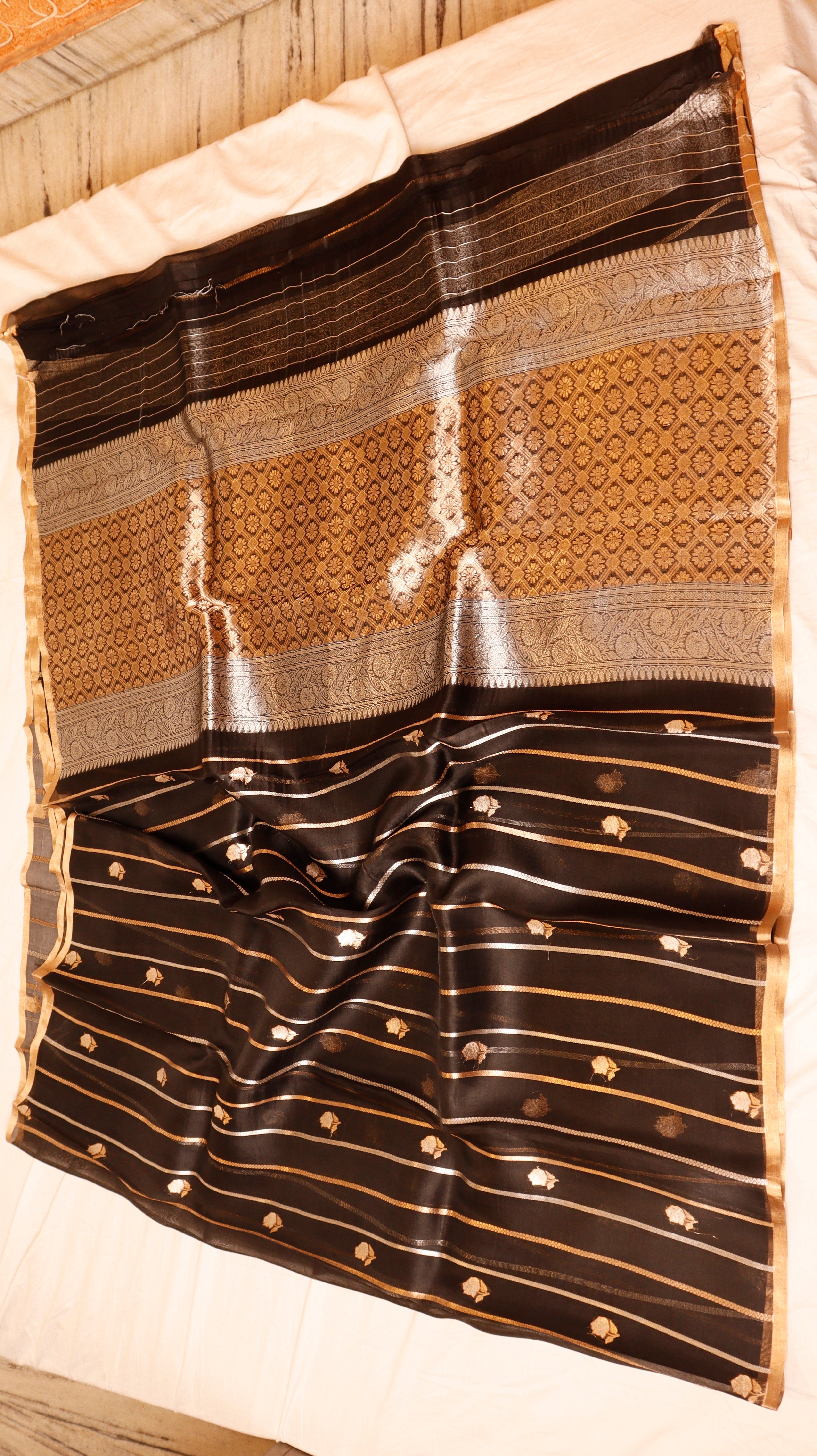 Black Pure Kora Silk Handloom Saree with Stripes Blouse