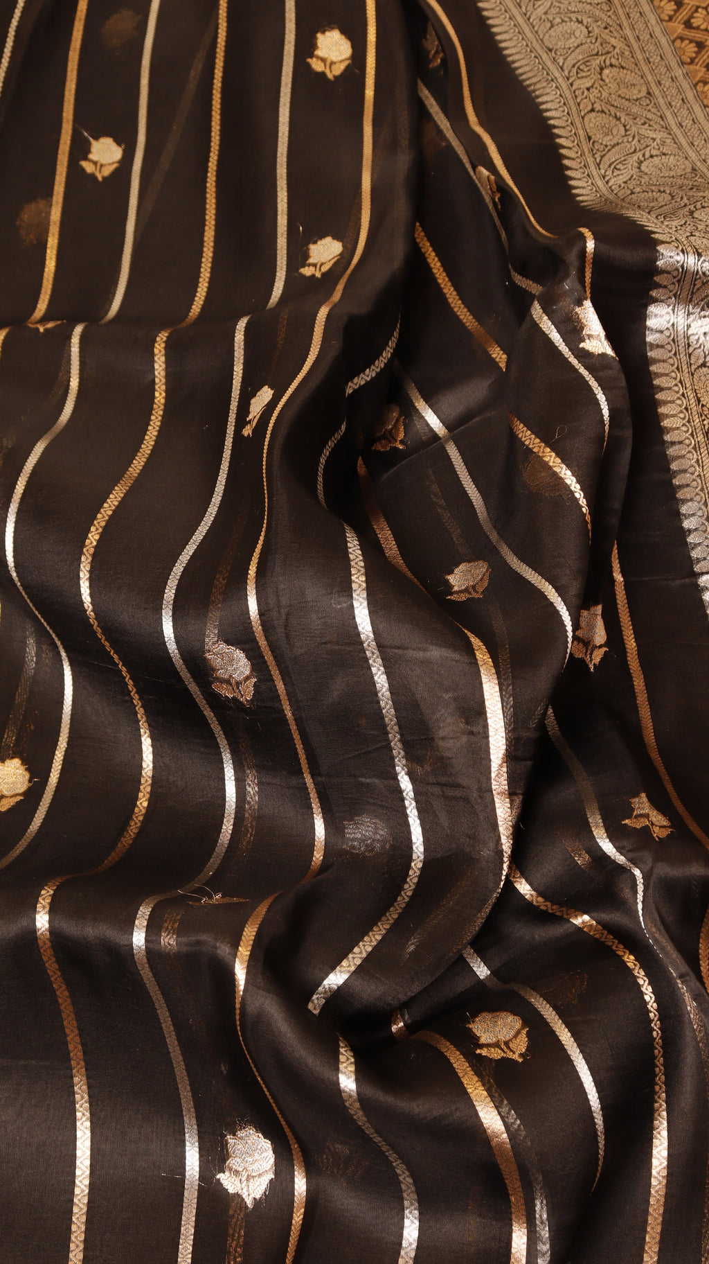 Black Pure Kora Silk Handloom Saree with Stripes Blouse