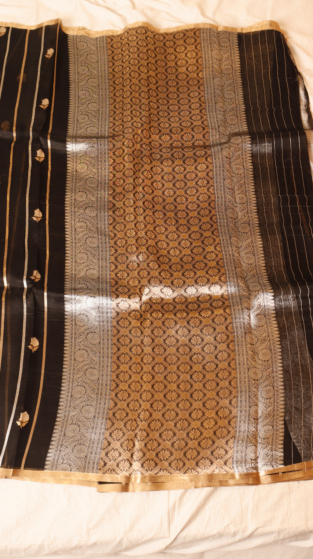 Black Pure Kora Silk Handloom Saree with Stripes Blouse