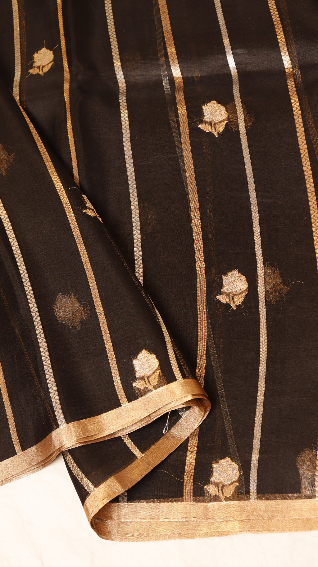 Black Pure Kora Silk Handloom Saree with Stripes Blouse