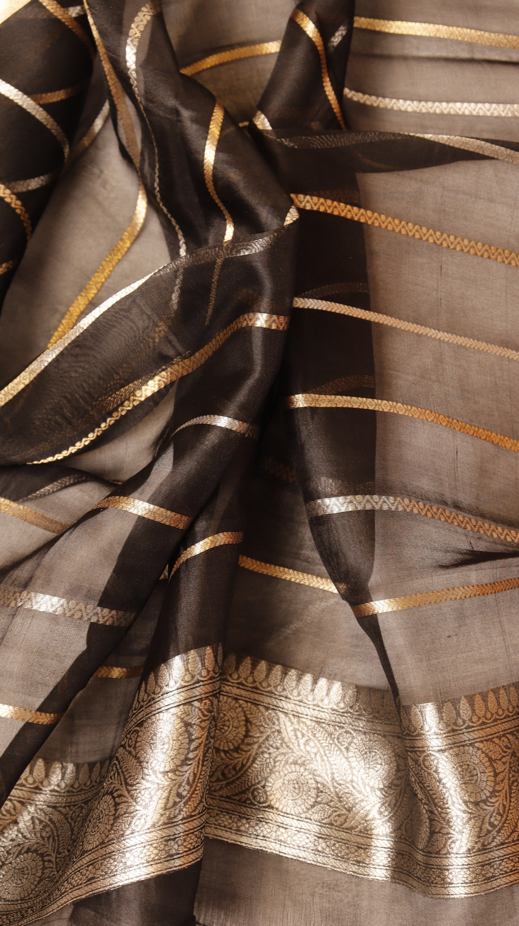 Black Pure Kora Silk Handloom Saree with Stripes Blouse