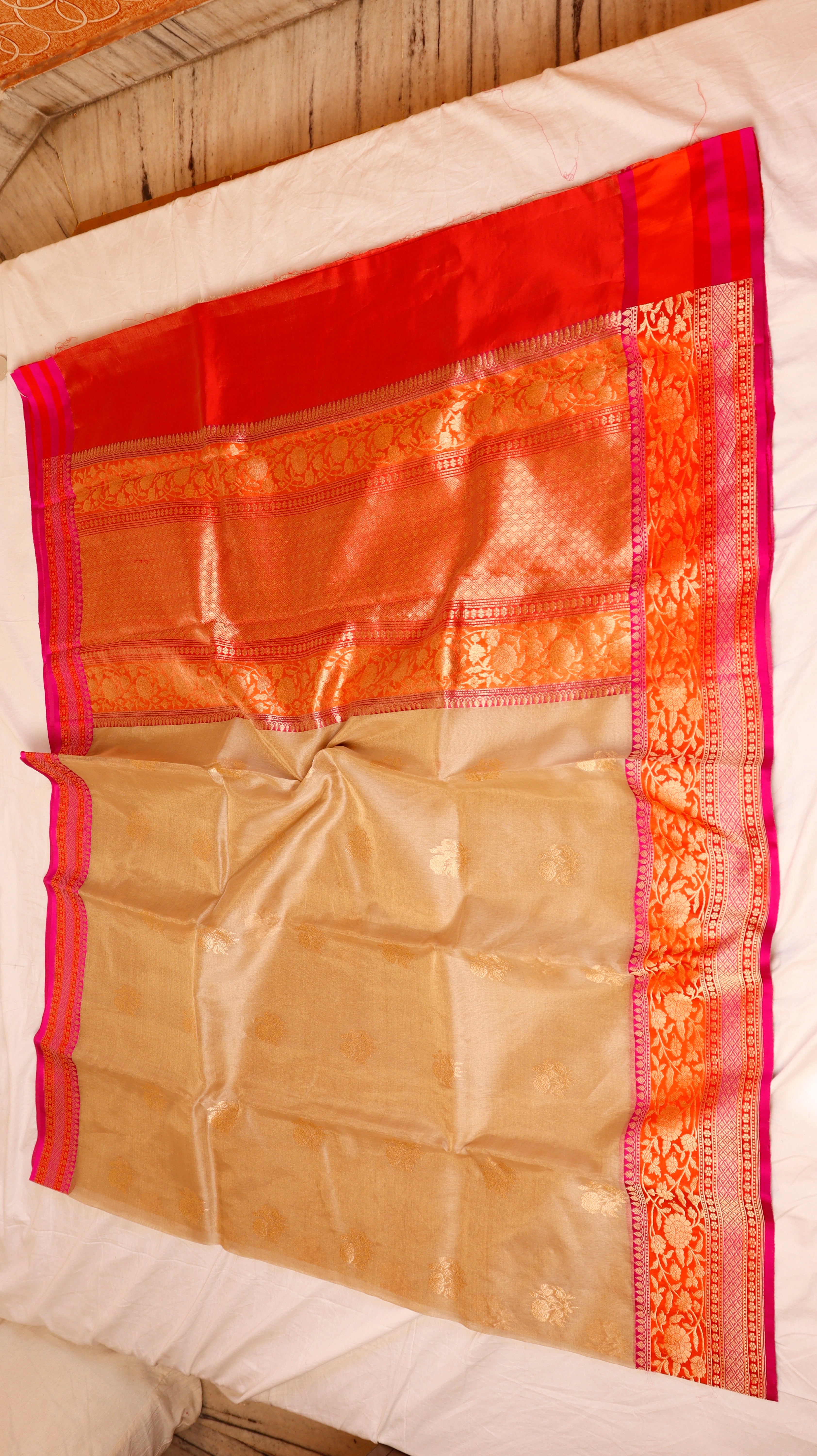 Pre-Order : Gold Pure Tissue Silk Handloom Saree with Contrast Border