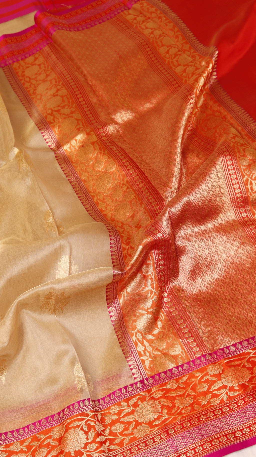 Pre-Order : Gold Pure Tissue Silk Handloom Saree with Contrast Border