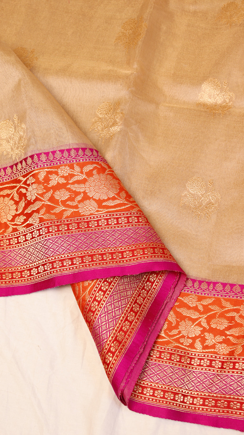Pre-Order : Gold Pure Tissue Silk Handloom Saree with Contrast Border