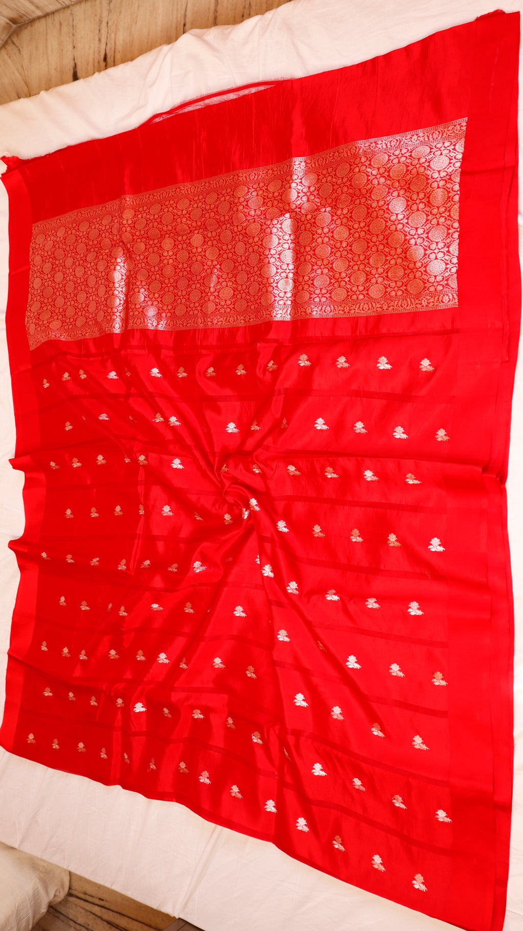 Pre-Order : Red Pure Soft Katan Silk Handloom Saree with Stripes Blouse