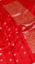 Pre-Order : Red Pure Soft Katan Silk Handloom Saree with Stripes Blouse