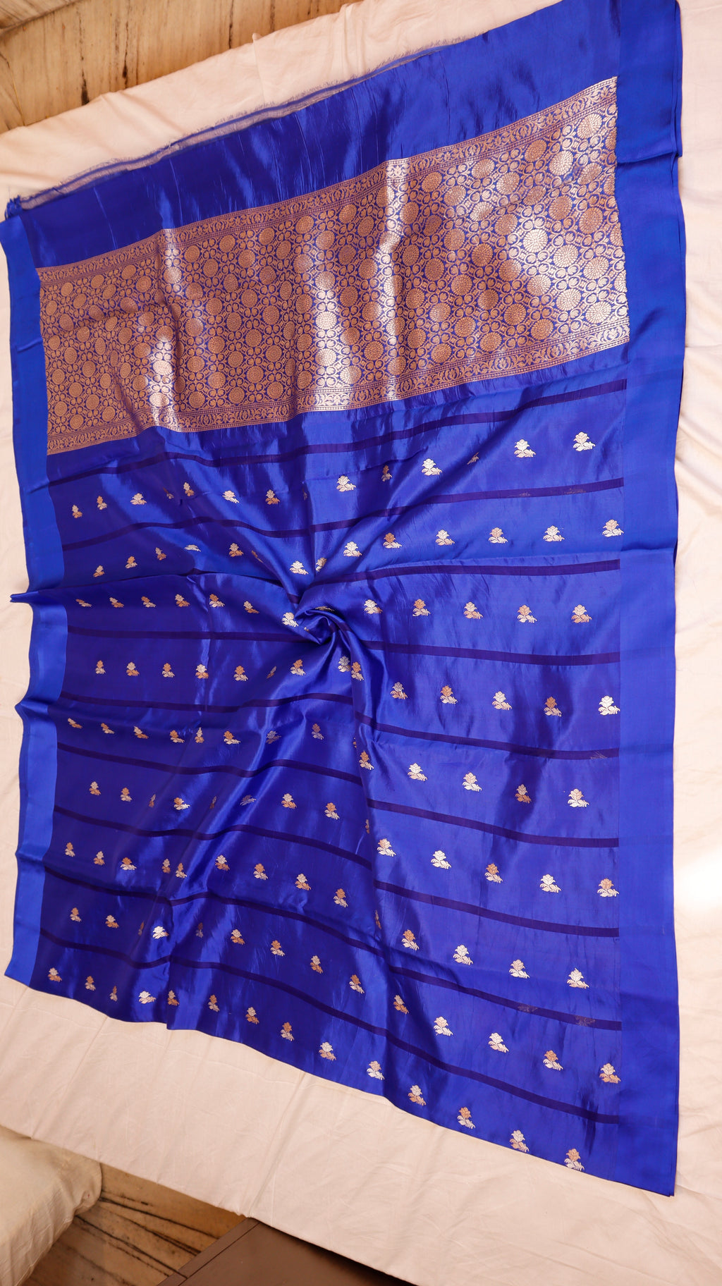 Pre-Order : Royal Blue Pure Soft Katan Silk Handloom Saree with Stripes Blouse