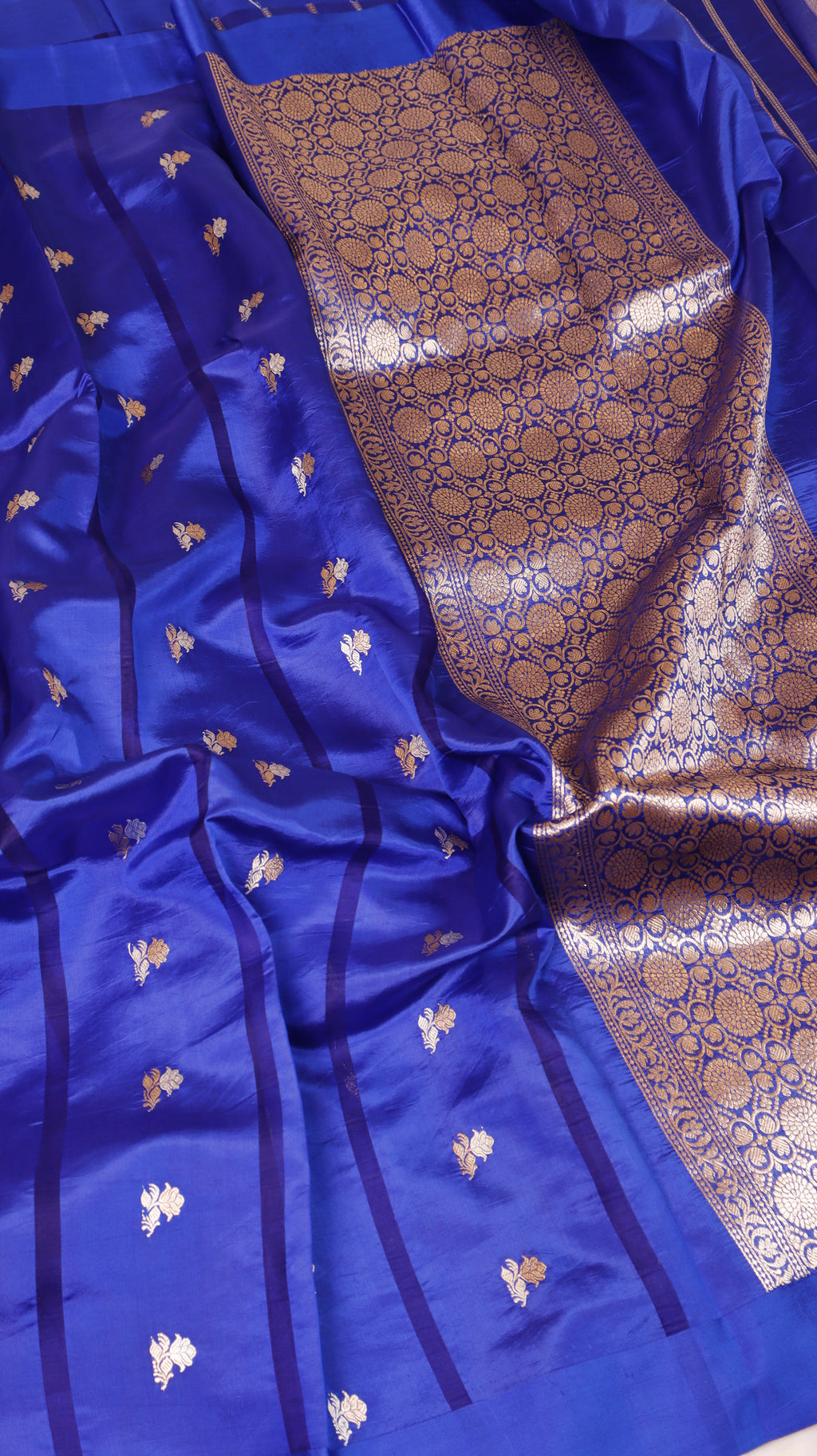 Pre-Order : Royal Blue Pure Soft Katan Silk Handloom Saree with Stripes Blouse